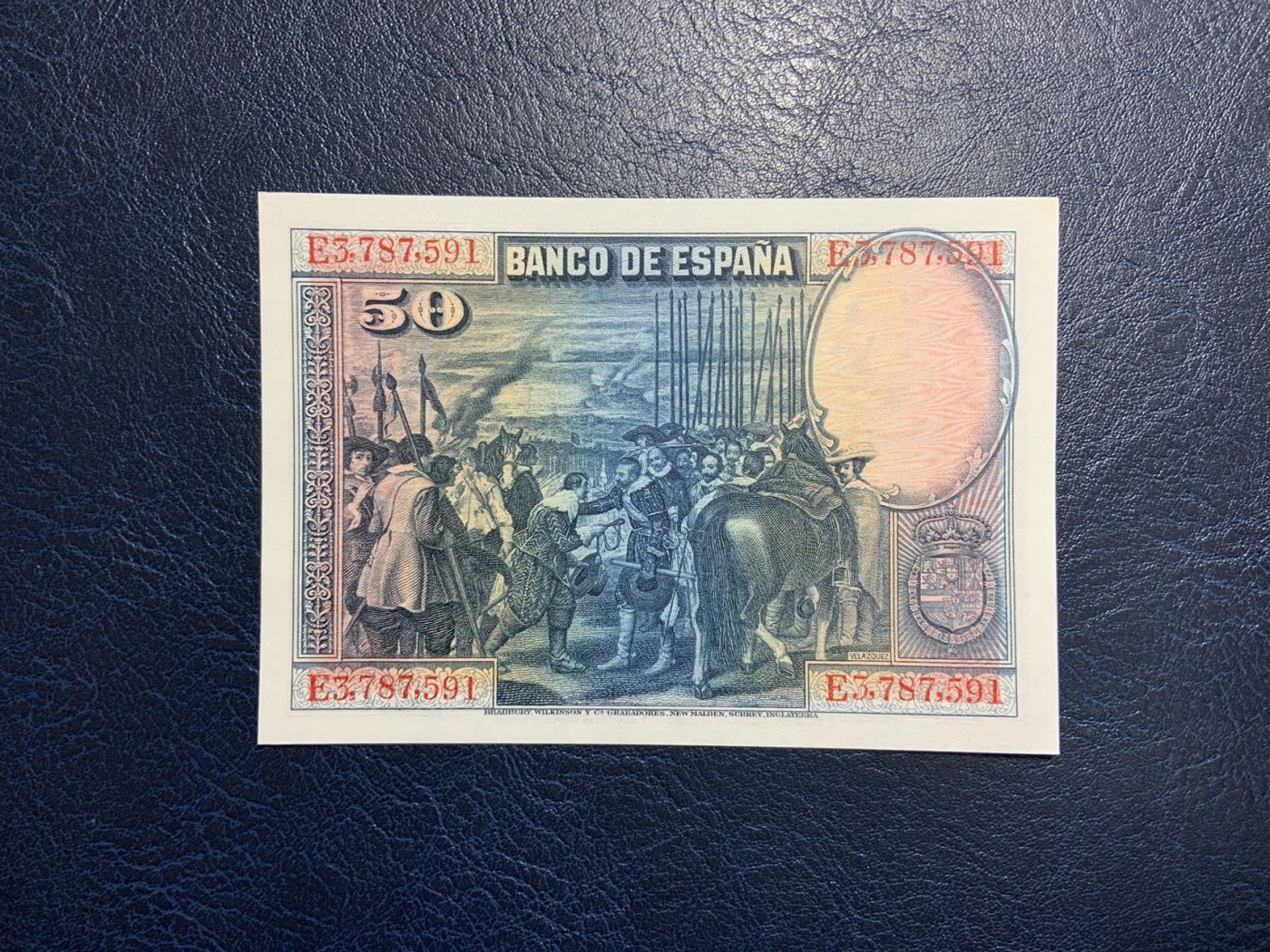 收藏联盟Quantum Auction 第326期拍卖  西班牙1928年50比塞塔 品相UNC-  有点钞痕和一角微黄