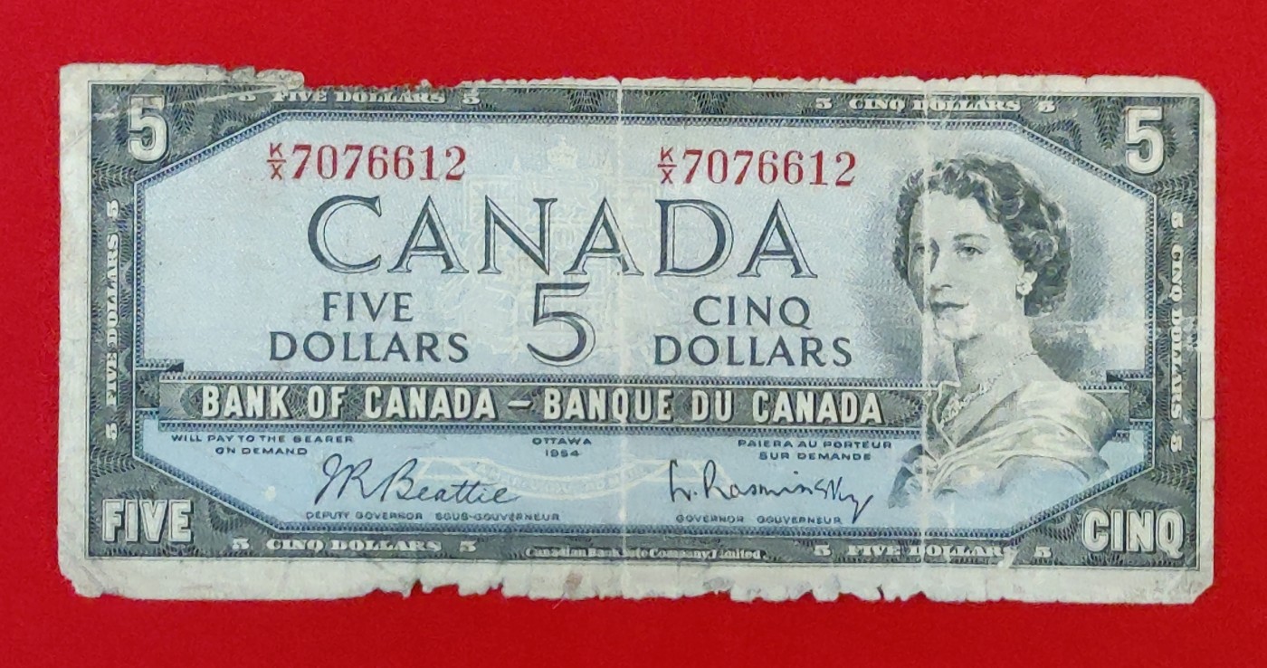 加拿大1954年5元纸币外国纸币流通品
