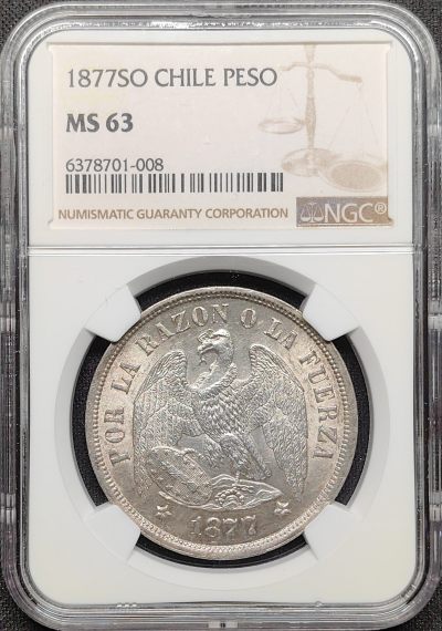 第32期钱币微拍 全场顺丰包邮 - NGC MS63 智利 1877年SO 1比索银币