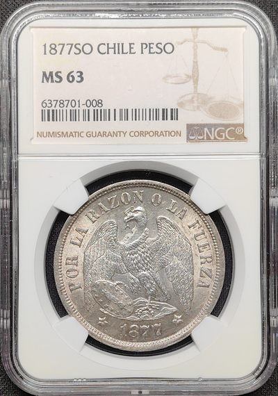 第32期钱币微拍 全场顺丰包邮 - NGC MS63 智利 1877年SO 1比索银币