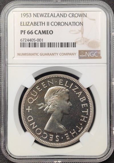 第32期钱币微拍 全场顺丰包邮 - NGC PF66CAMEO 新西兰 1953年 伊丽莎白二世 精制1克朗镍币 登基纪念