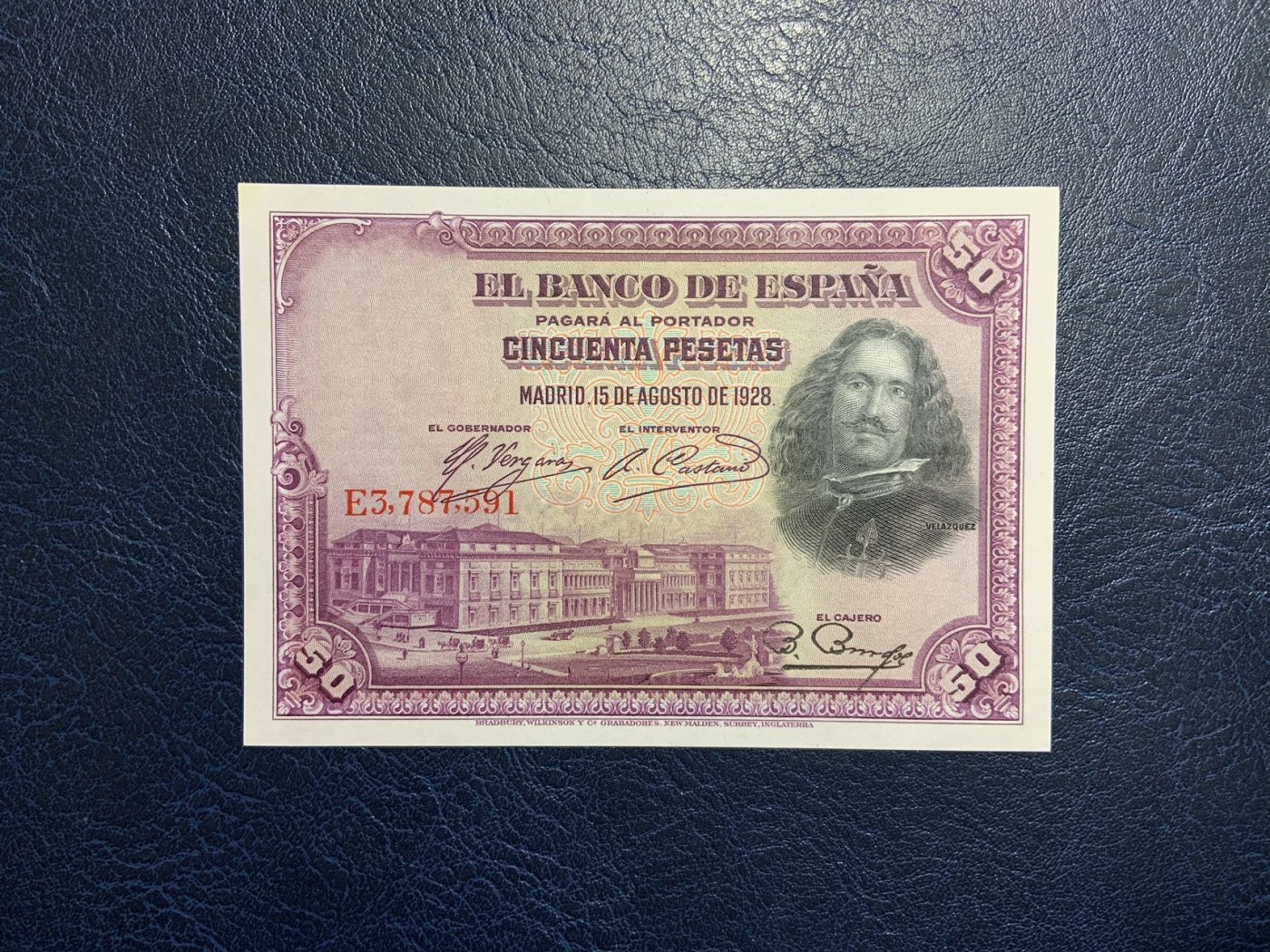 收藏联盟Quantum Auction 第326期拍卖  西班牙1928年50比塞塔 品相UNC-  有点钞痕和一角微黄