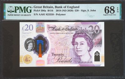 世界靓号纸钞第四十一期 - 2020年英国英格兰银行20镑 首发AA01冠 全程无47 PMG68 这张和10镑都是英镑中首发比较难找的一张 未来最看好的一张