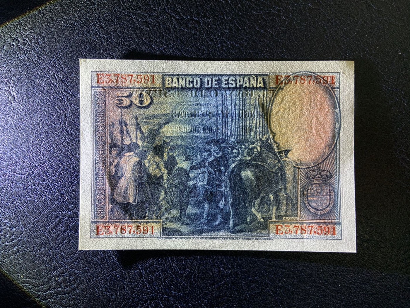 收藏联盟Quantum Auction 第326期拍卖  西班牙1928年50比塞塔 品相UNC-  有点钞痕和一角微黄
