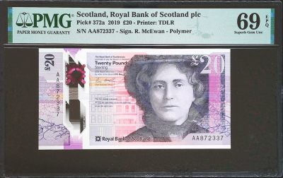 世界靓号纸钞第四十一期 - 2019年苏格兰皇家银行20镑 首发AA冠 全程无4 PMG69 超高分亚军分 英系塑料钞中最难找的一张首发 没有之一
