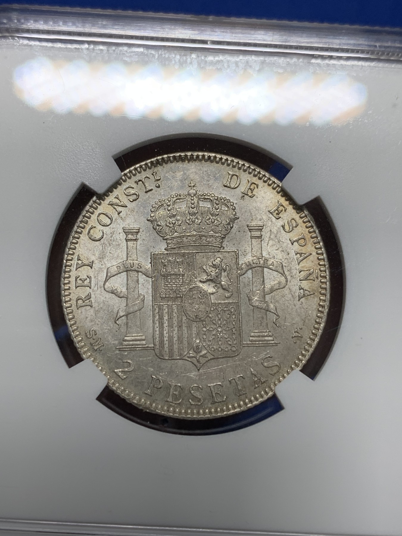 《竞宝斋》第242场-周日，周一 新年开场 (全场包邮) NGC MS61 西班牙1905阿方索十三世2比塞塔银币