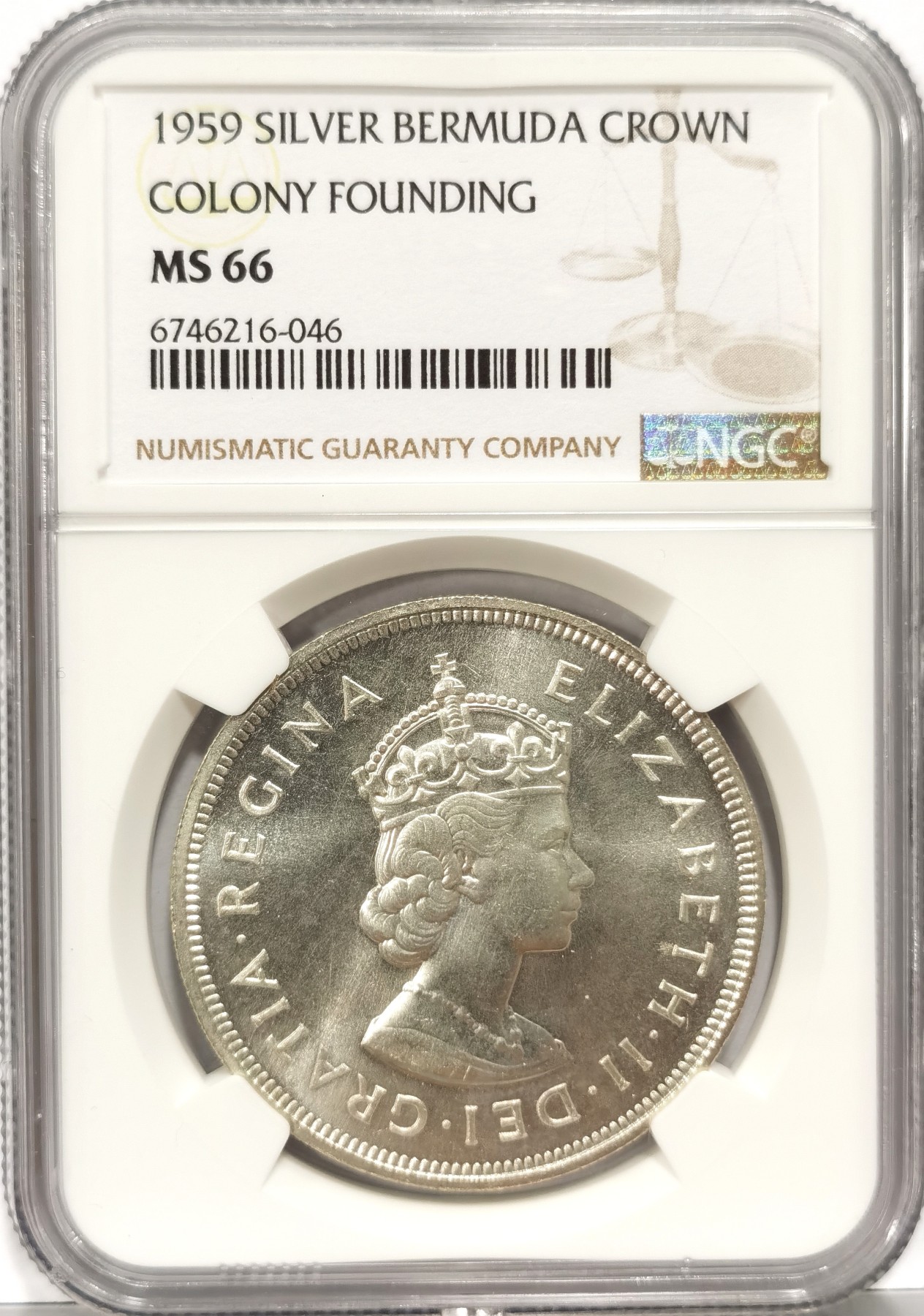 博洋堂世界钱币拍卖第066期（全场包邮） NGC MS66 英属百慕大1959年伊丽莎白二世1克朗银币，殖民地发现350周年纪念，极品分数