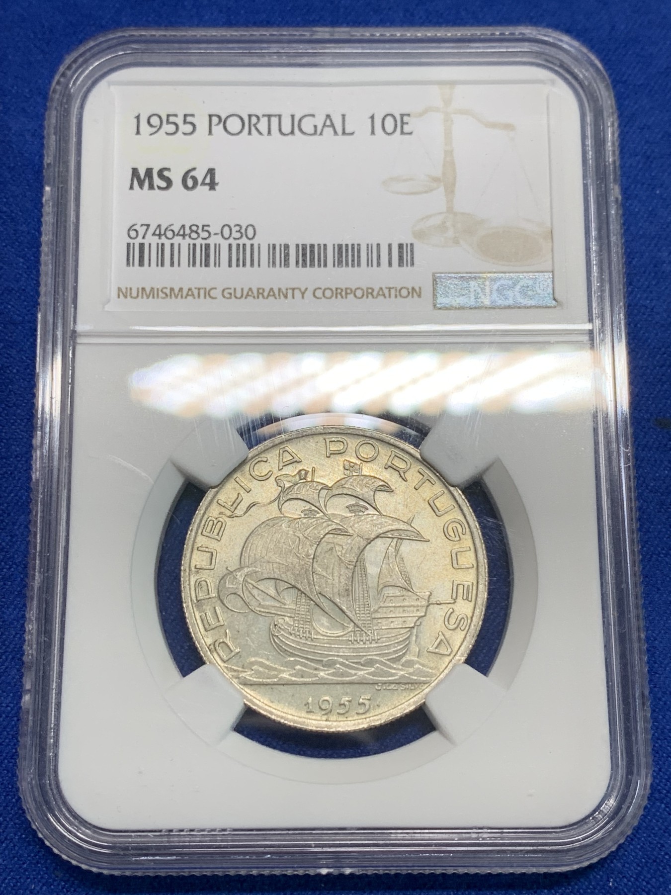 《竞宝斋》第242场-周日，周一 新年开场 (全场包邮) NGC-MS64 葡萄牙1955年大帆船10埃斯库多银币 一帆风顺 性价比高