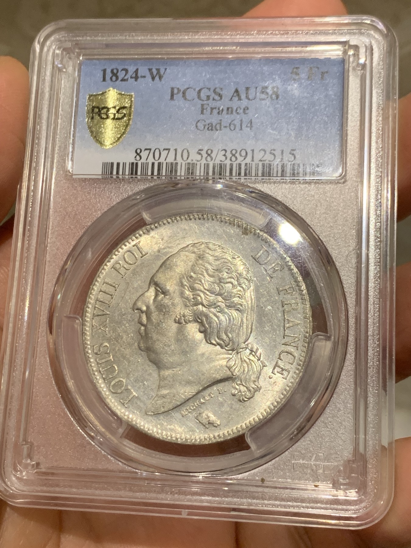《竞宝斋》第242场-周日，周一 新年开场 (全场包邮) PCGS AU58 法国1824年路易十八5法郎银币，马头。状态一流，底板镜面有霜，好品稀少 MS状态莫名58分
