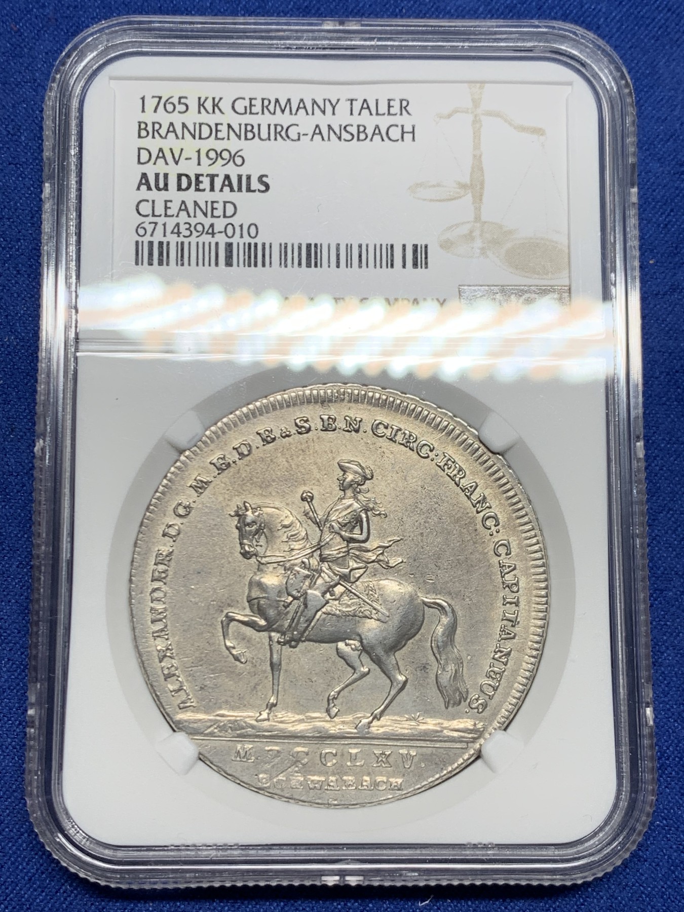 《竞宝斋》第242场-周日，周一 新年开场 (全场包邮) NGC AU 德国 1765 勃兰登堡-安斯巴赫侯爵领地  亚历山大 泰勒大银币 稀见品种