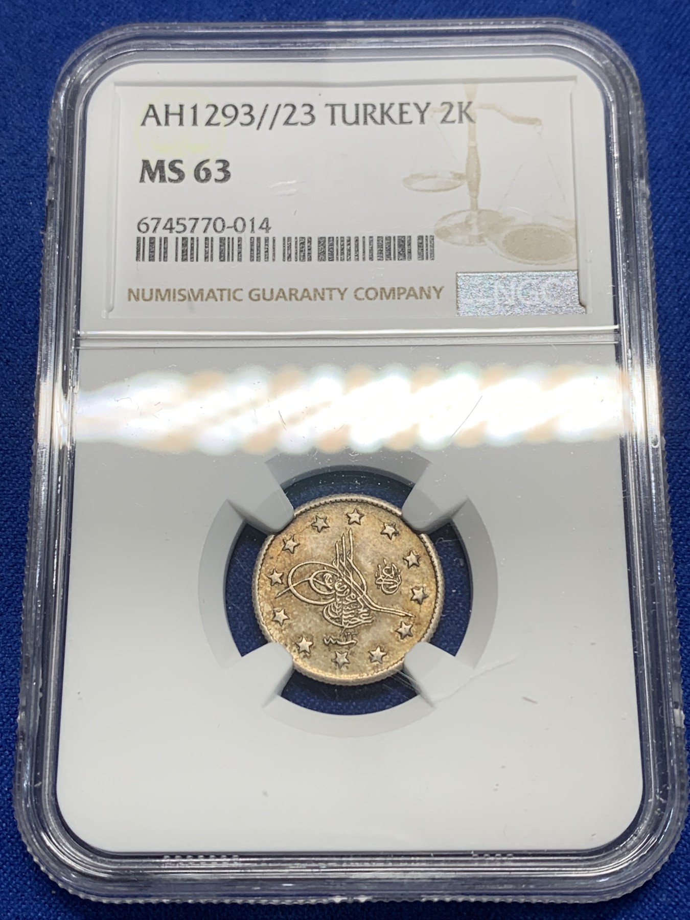 《竞宝斋》第242场-周日，周一 新年开场 (全场包邮) NGC MS63 奥斯曼土耳其2库鲁银币，漂亮的淡金包浆