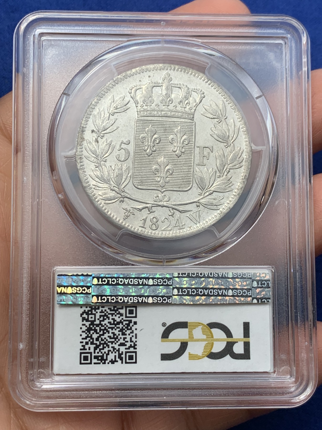 《竞宝斋》第242场-周日，周一 新年开场 (全场包邮) PCGS AU58 法国1824年路易十八5法郎银币，马头。状态一流，底板镜面有霜，好品稀少 MS状态莫名58分