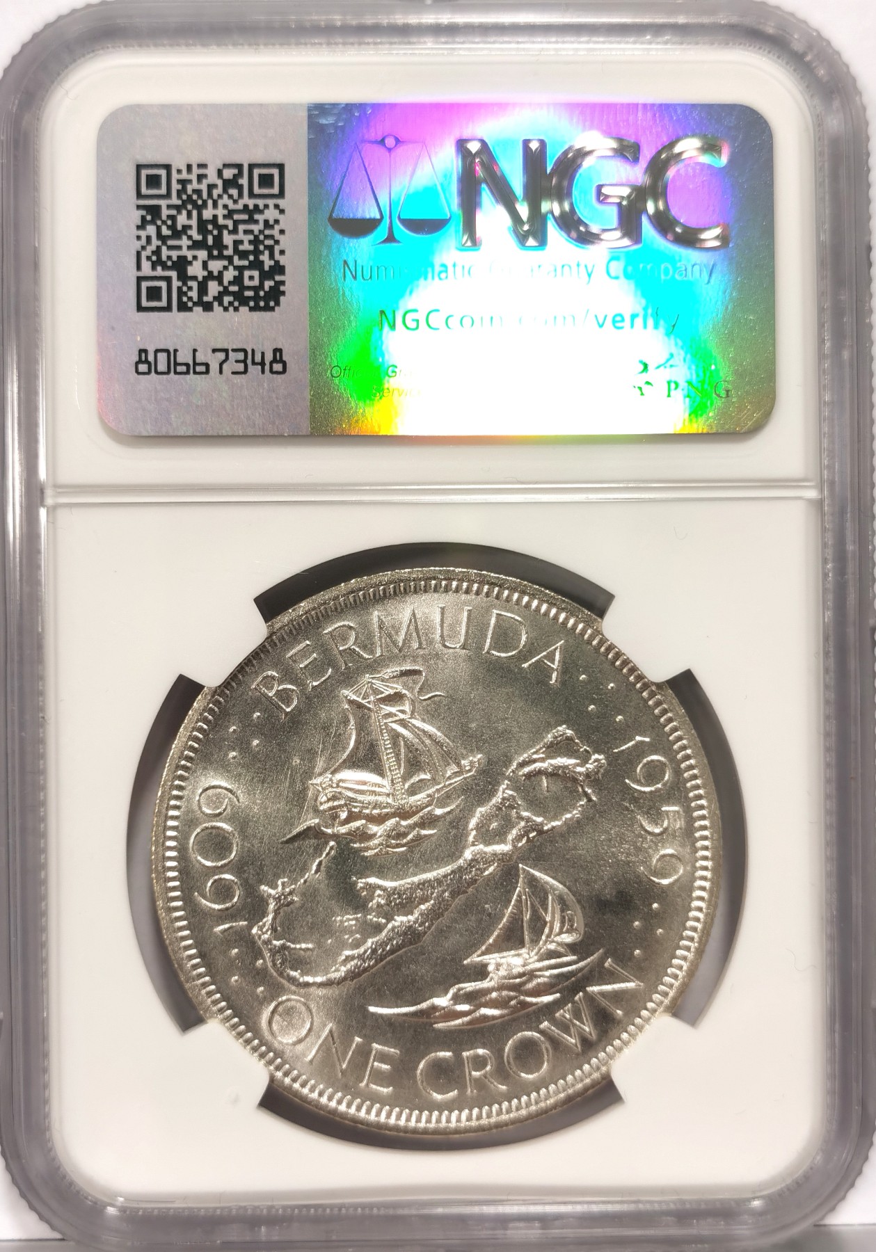 博洋堂世界钱币拍卖第066期（全场包邮） NGC MS65 英属百慕大1959年伊丽莎白二世1克朗银币，殖民地发现350周年纪念，原卷出品