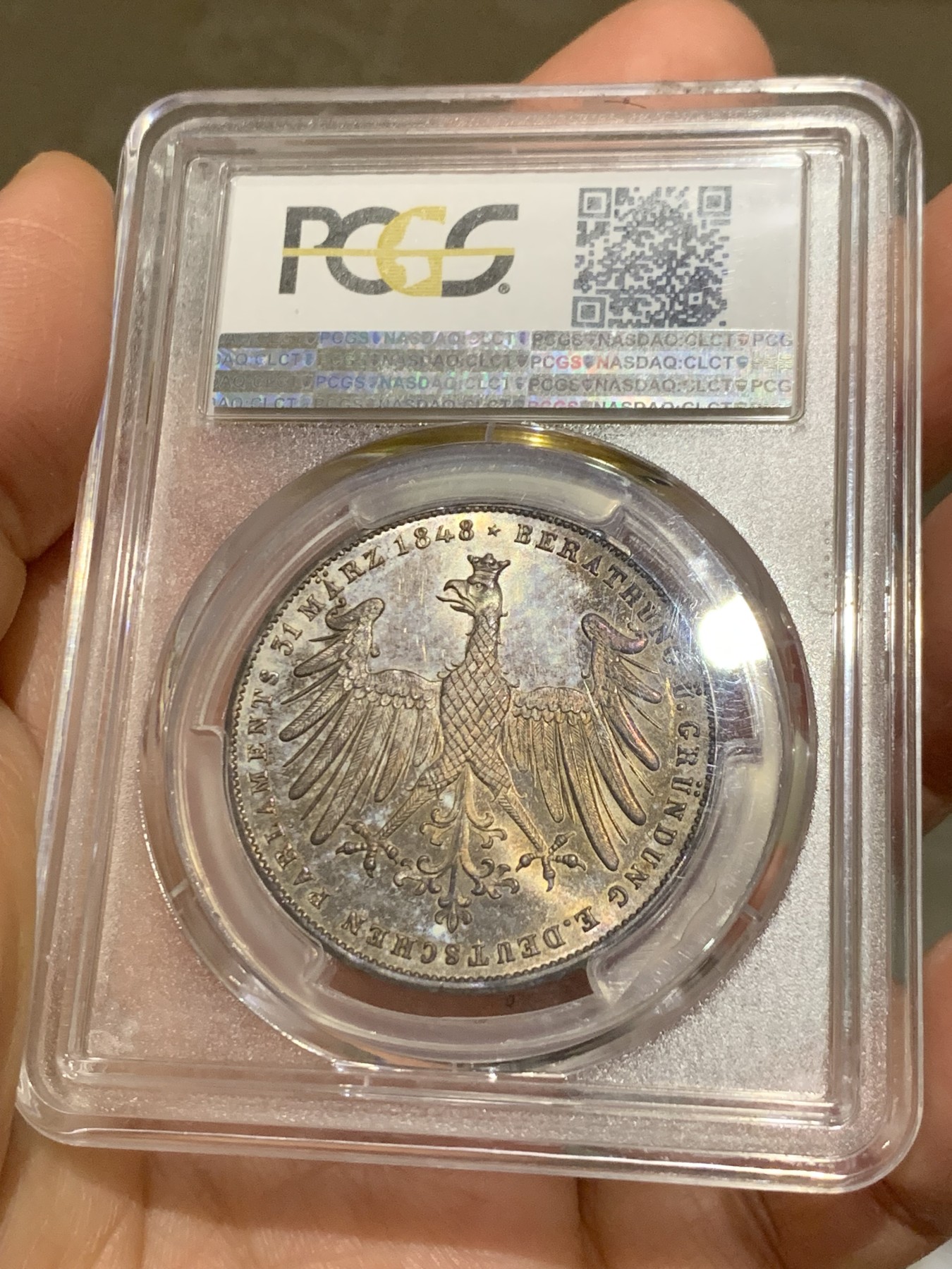 《竞宝斋》第242场-周日，周一 新年开场 (全场包邮) PCGS MS65 德国1848年法兰克福双面鹰2盾银币 双面包浆 太美