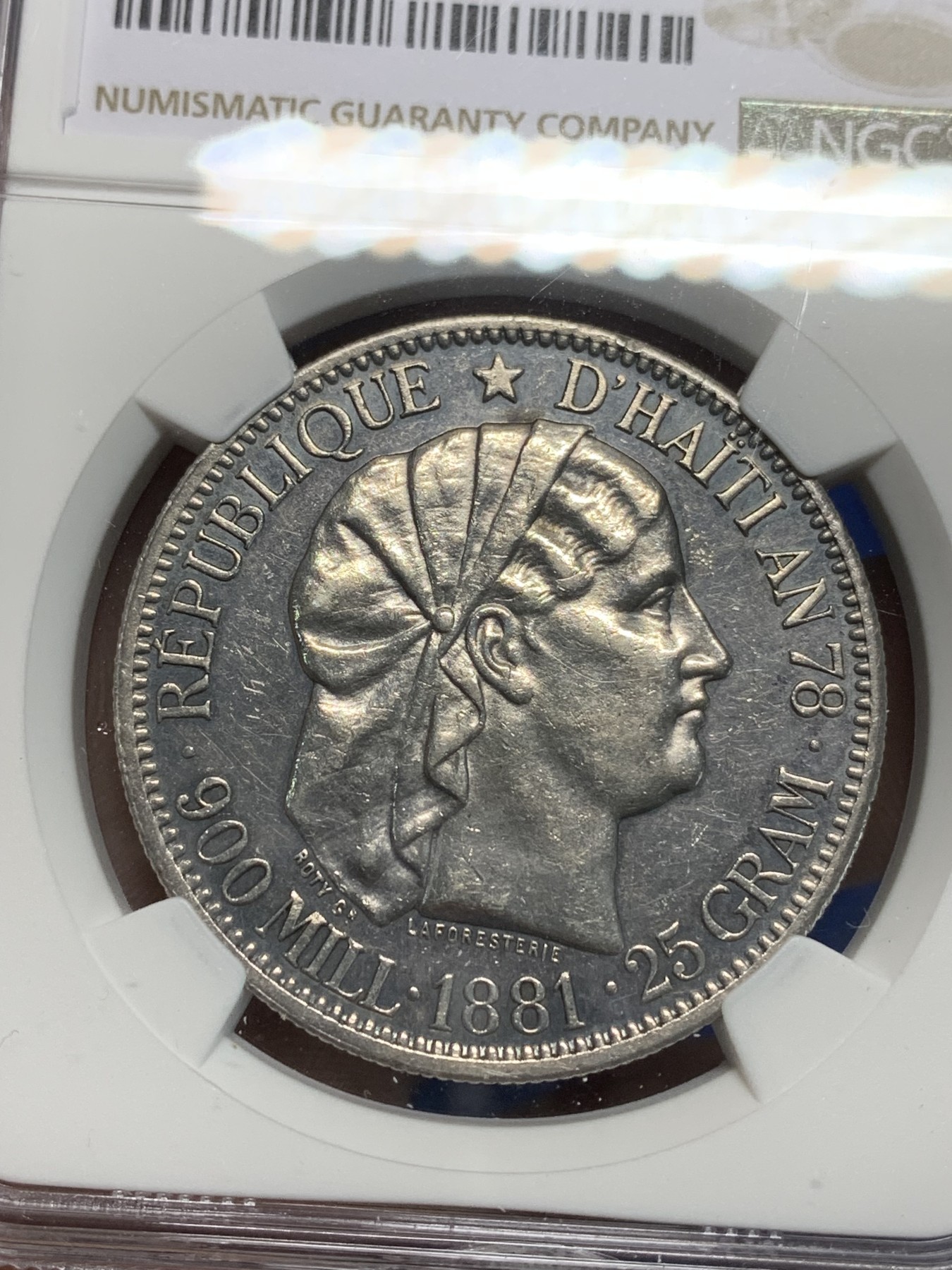 《竞宝斋》第242场-周日，周一 新年开场 (全场包邮) NGC UNC 海地共和国 1881年 女神1元大银币 国内不多见