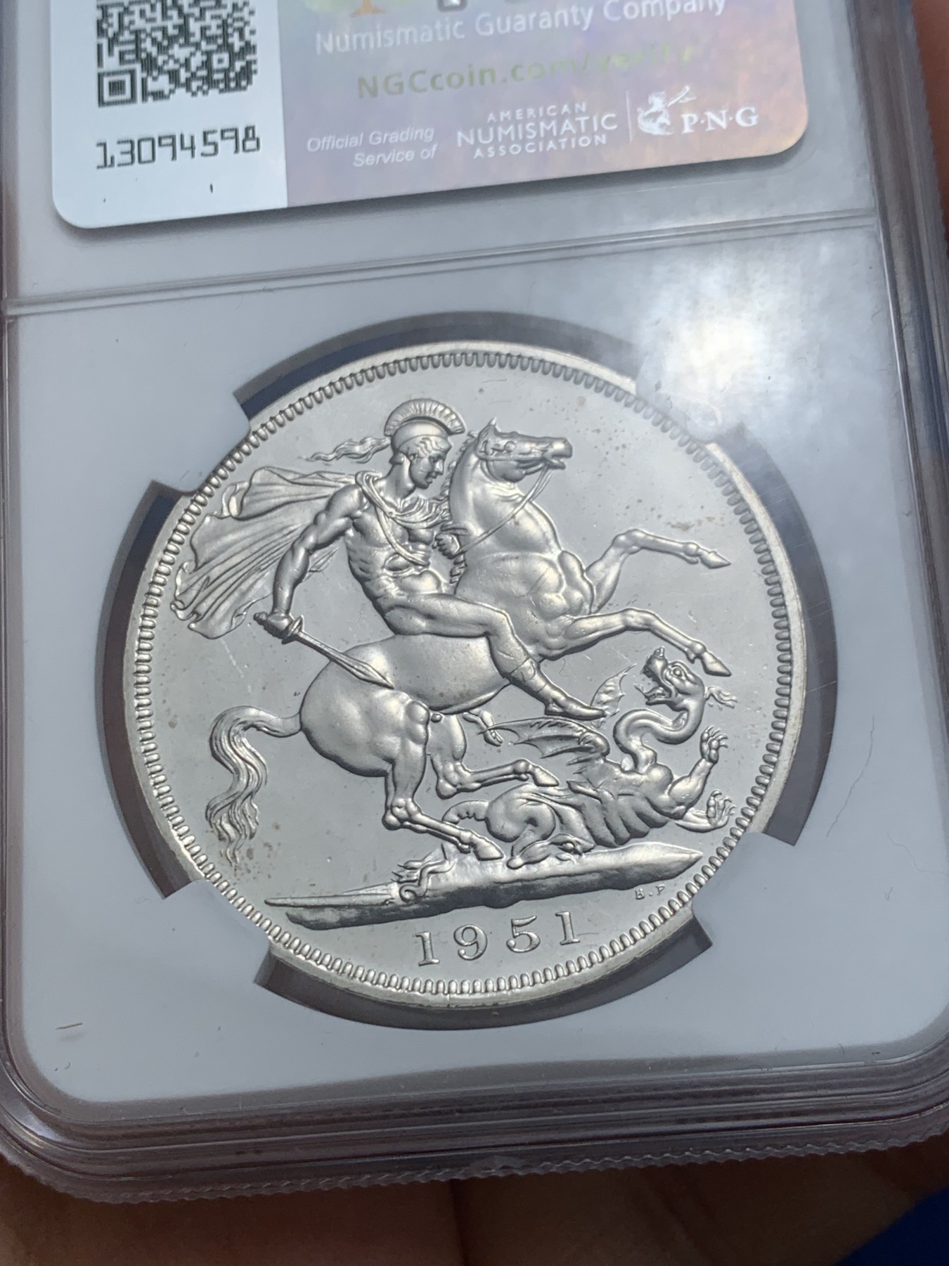 《竞宝斋》第242场-周日，周一 新年开场 (全场包邮) NGC PL64 英国1951年乔治六世克朗 最后的镍马剑