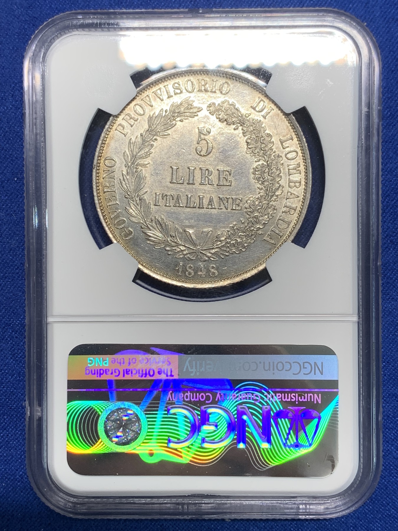 《竞宝斋》第242场-周日，周一 新年开场 (全场包邮) NGC UNC 意大利1848年伦巴第革命政府5里拉银币 女神像