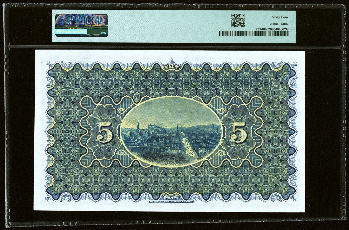 【Blue Auction】✨世界纸币精拍第437期【精】  【仅2张更高分 超大票幅】苏格兰 1943-56年5镑 W&S出品 设计精美 大场景 PMG64 全新品相非常少见 