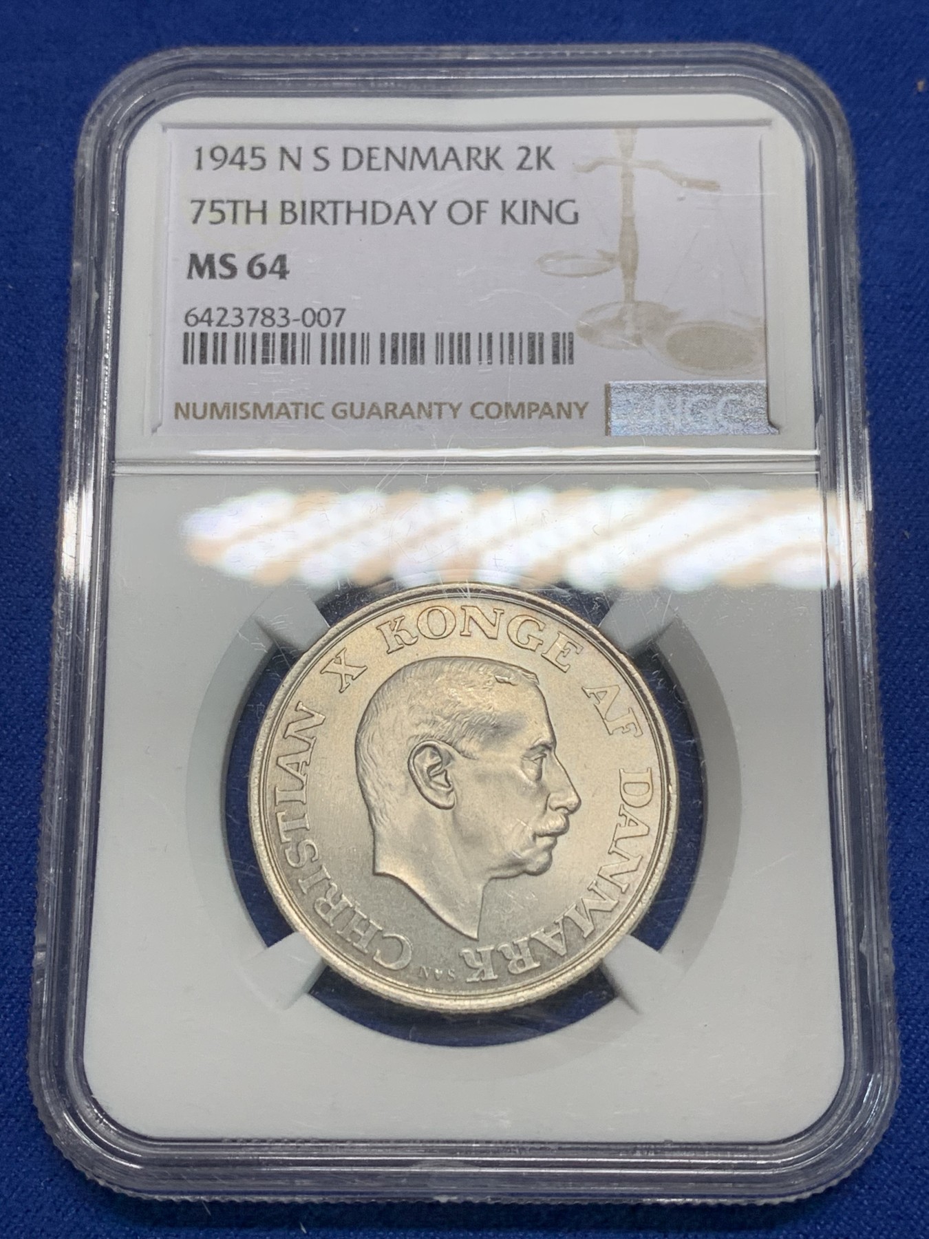 《竞宝斋》第242场-周日，周一 新年开场 (全场包邮) NGC MS64 丹麦1945年克里斯蒂安十世国王75大寿纪念2克朗银币