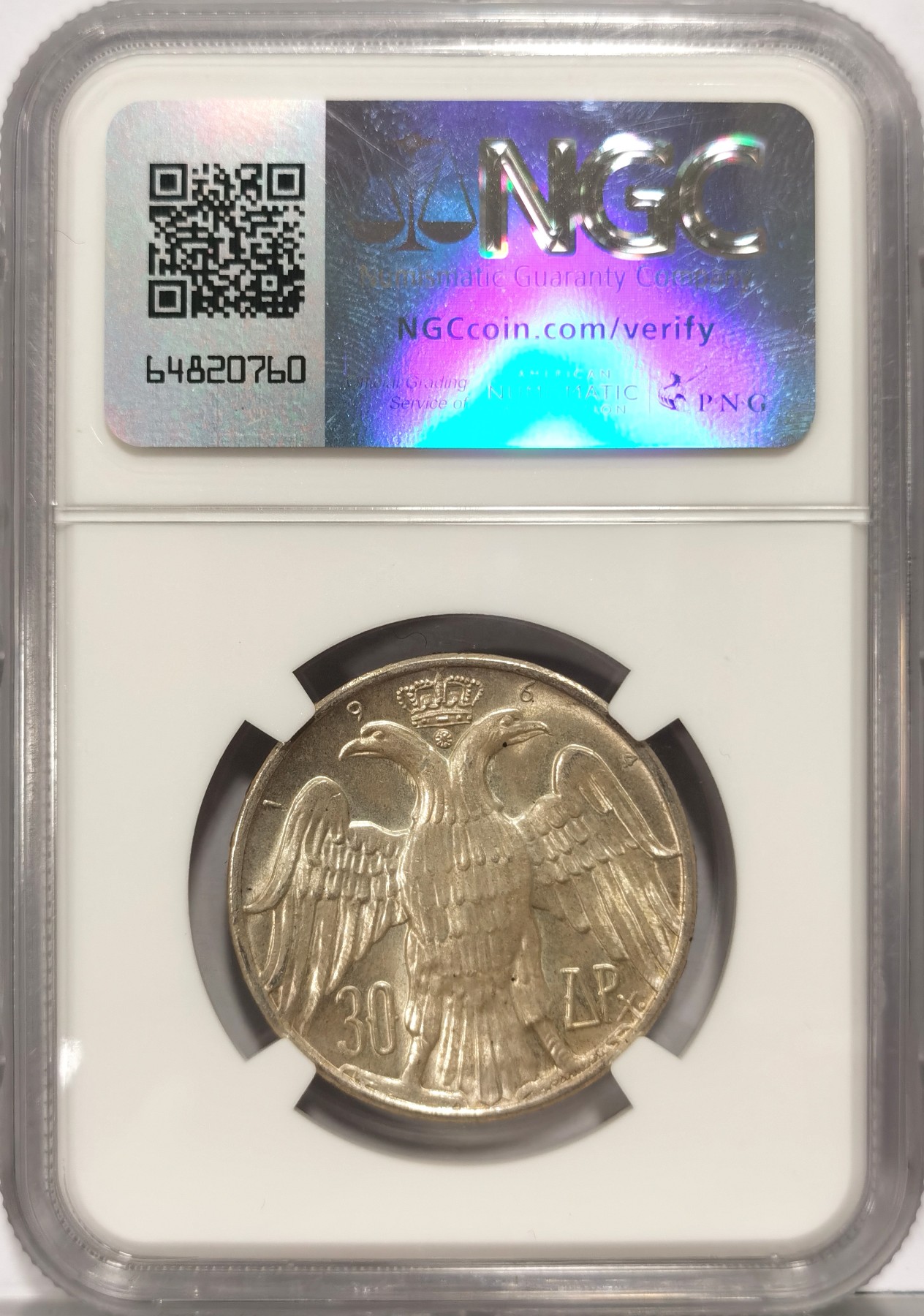 博洋堂世界钱币拍卖第066期（全场包邮） NGC MS64 希腊1964年皇室婚礼30德拉克马纪念银币