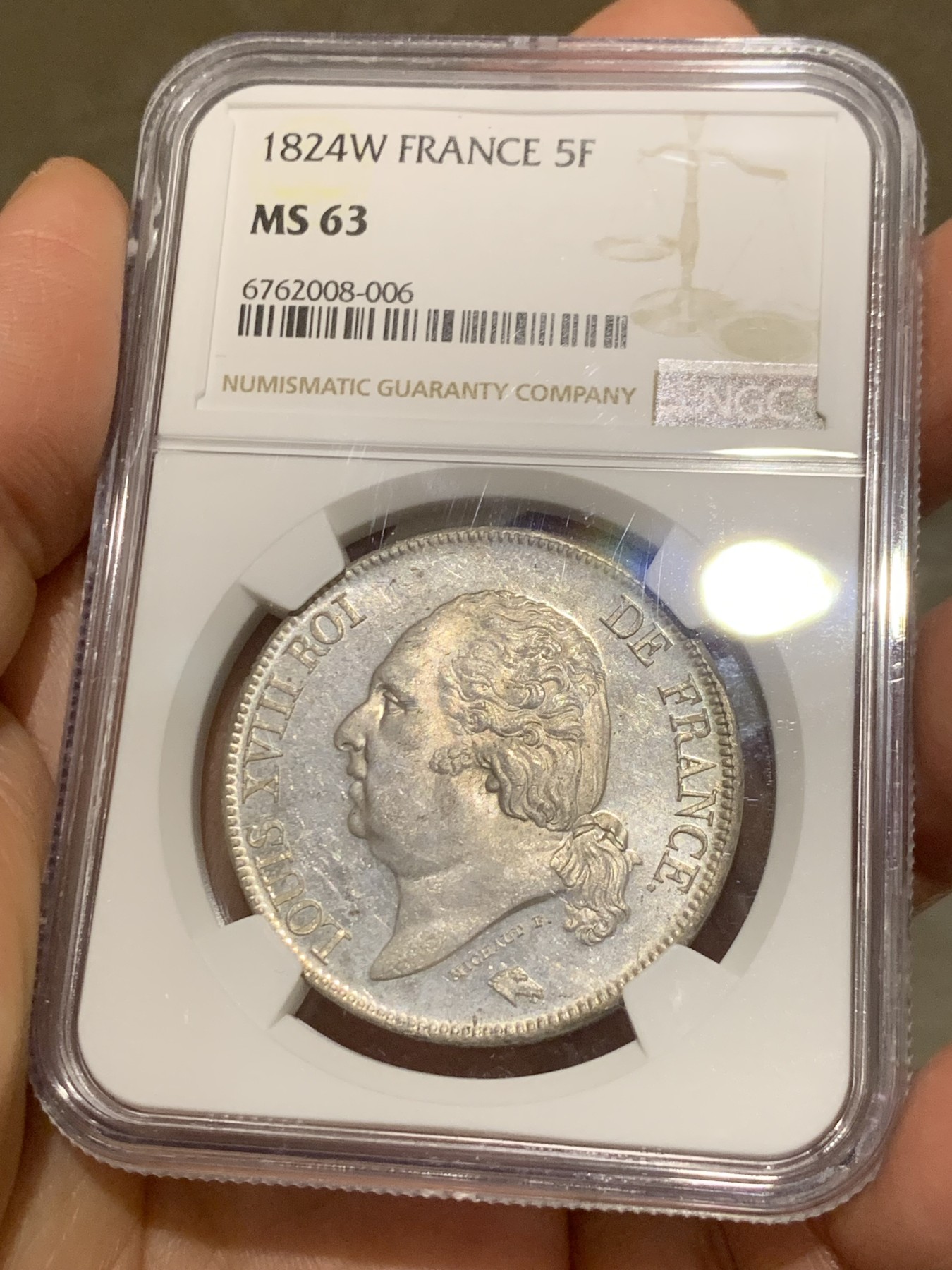 《竞宝斋》第242场-周日，周一 新年开场 (全场包邮) NGC MS63 法国1824年W里尔厂路易十八5法郎银币 路易十八最后一年状态很好，热门品种 高分难得