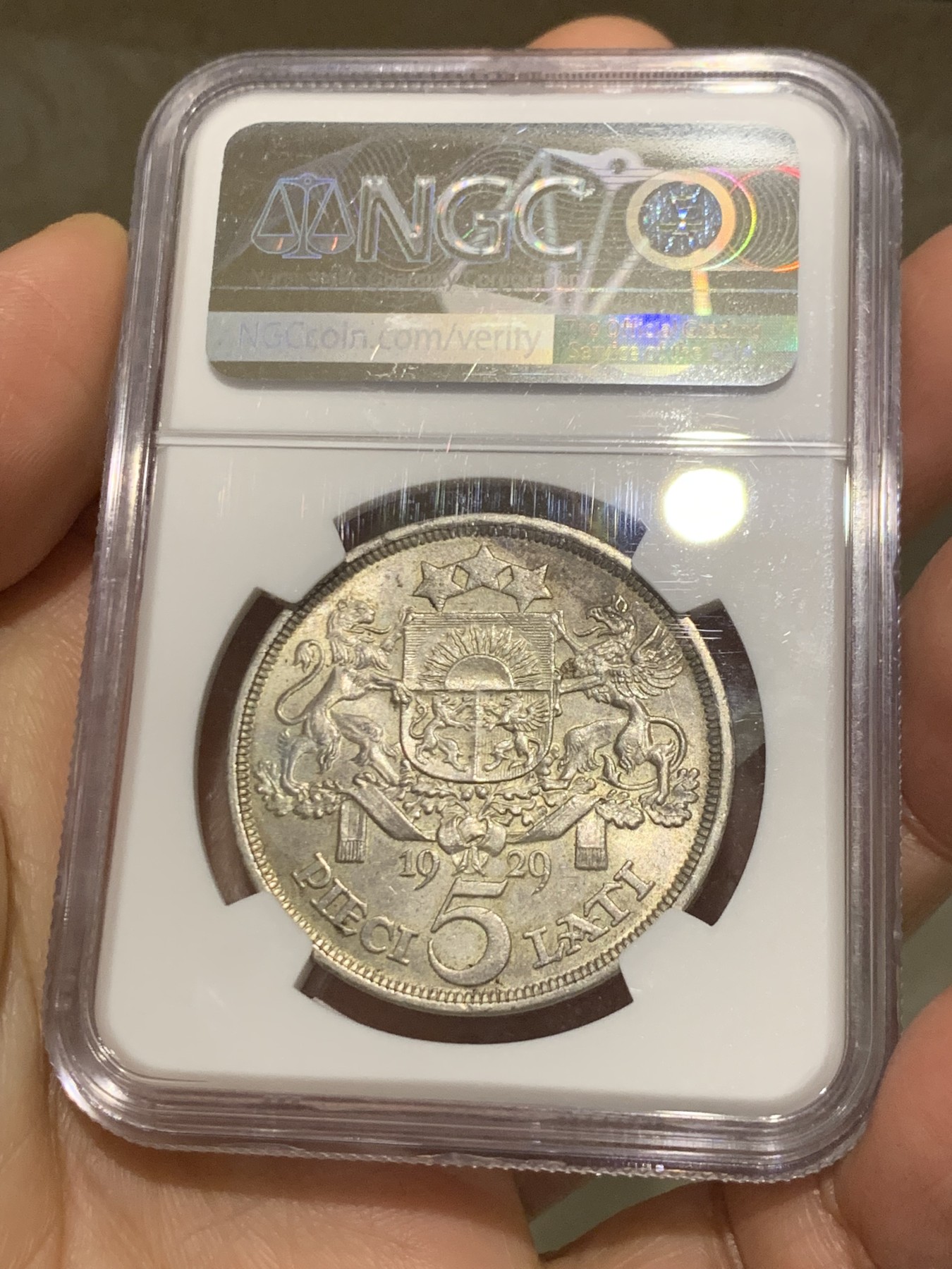 《竞宝斋》第242场-周日，周一 新年开场 (全场包邮) NGC MS63+ 拉脱维亚1929年首年谷物女神5拉特大银币 小特年 带加号的不多