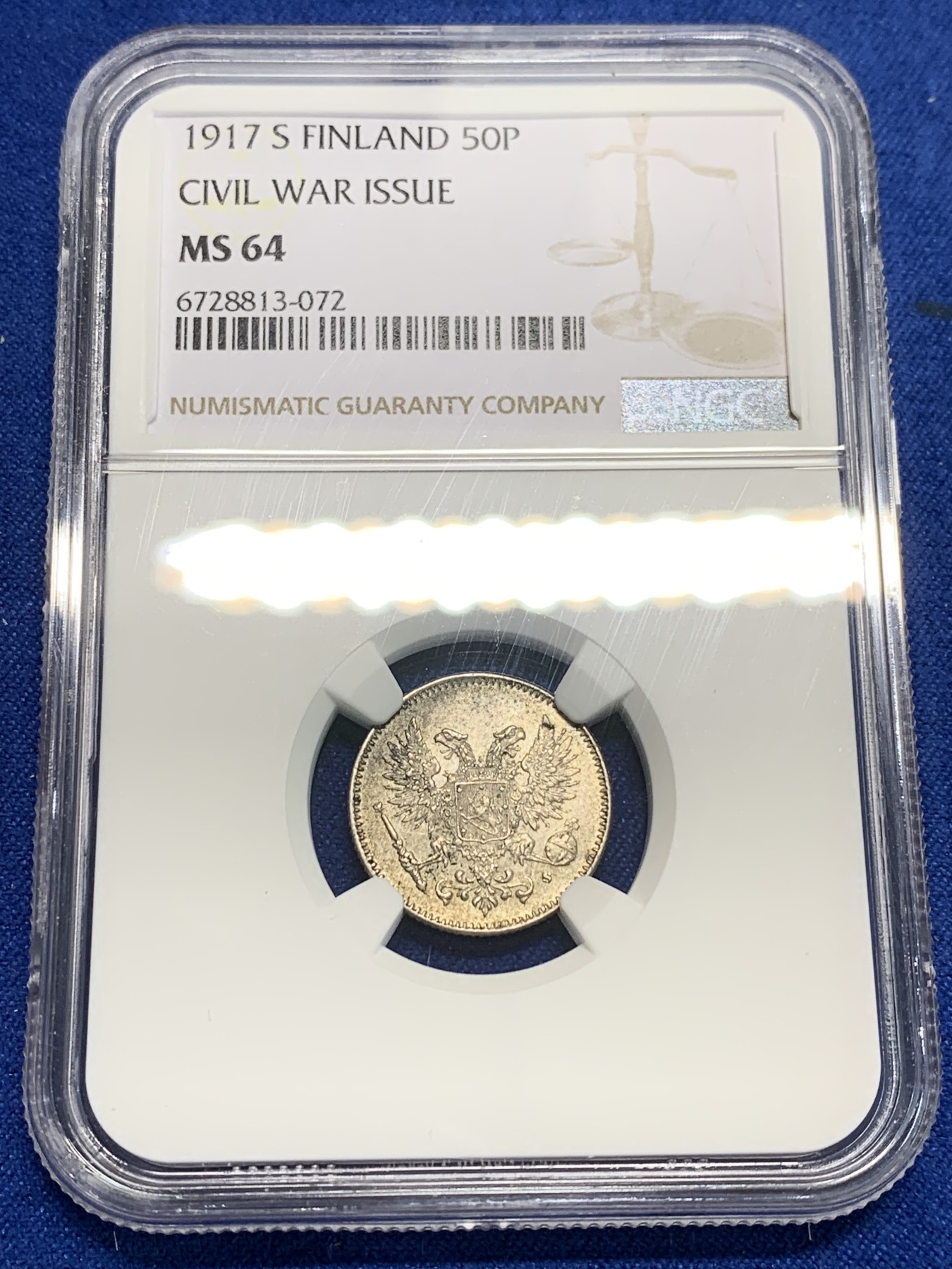 《竞宝斋》第242场-周日，周一 新年开场 (全场包邮) NGC MS64 俄占芬兰 1917年 50芬尼银币