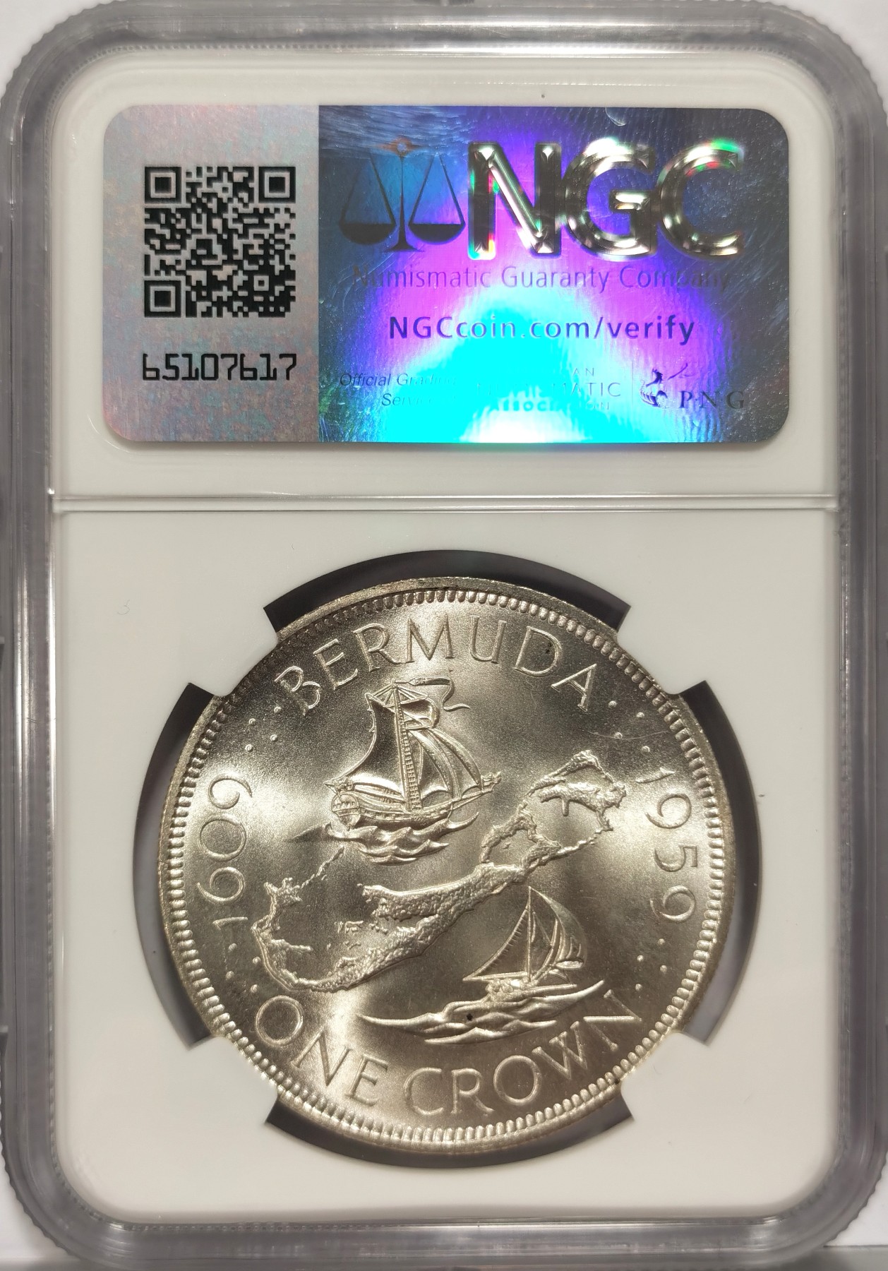博洋堂世界钱币拍卖第066期（全场包邮） NGC MS66 英属百慕大1959年伊丽莎白二世1克朗银币，殖民地发现350周年纪念，极品分数
