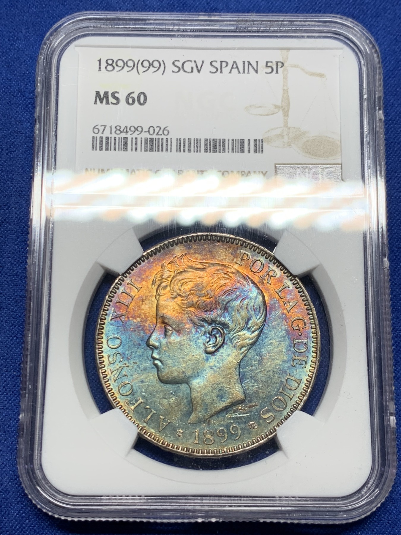 《竞宝斋》第242场-周日，周一 新年开场 (全场包邮) NGC MS60 西班牙1899年 国王阿方索十三世 小孩头 双柱 5比塞塔银币 绚丽五彩