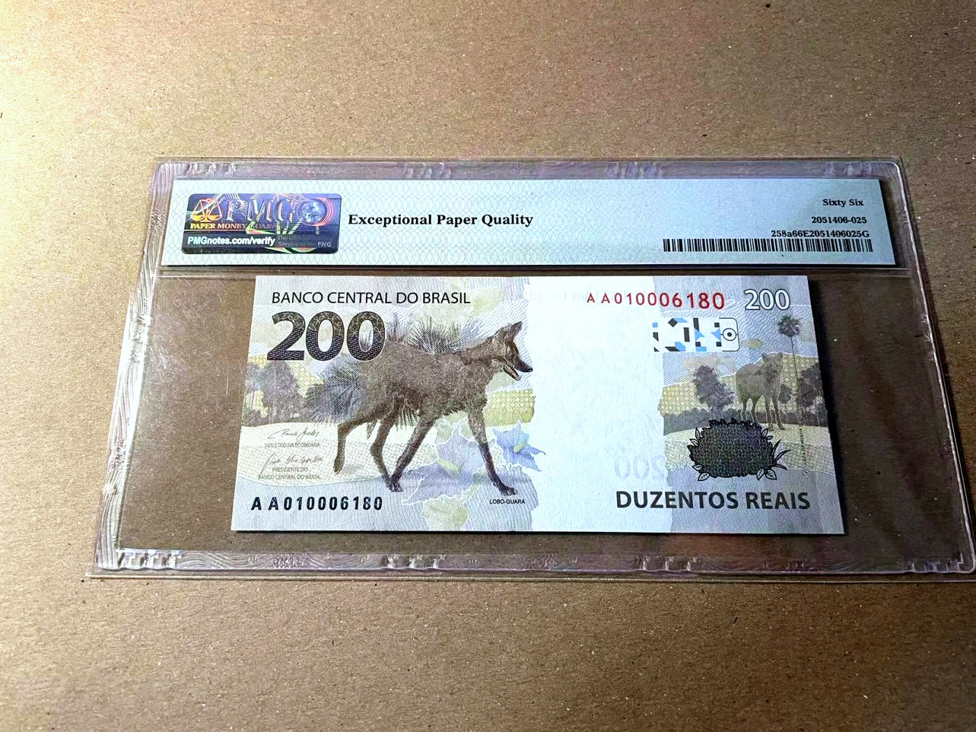 【Blue Auction】✨世界纸币精拍第437期【精】 【AA冠倒置号】巴西 2020年200瑞斯 PMG66EPQ 