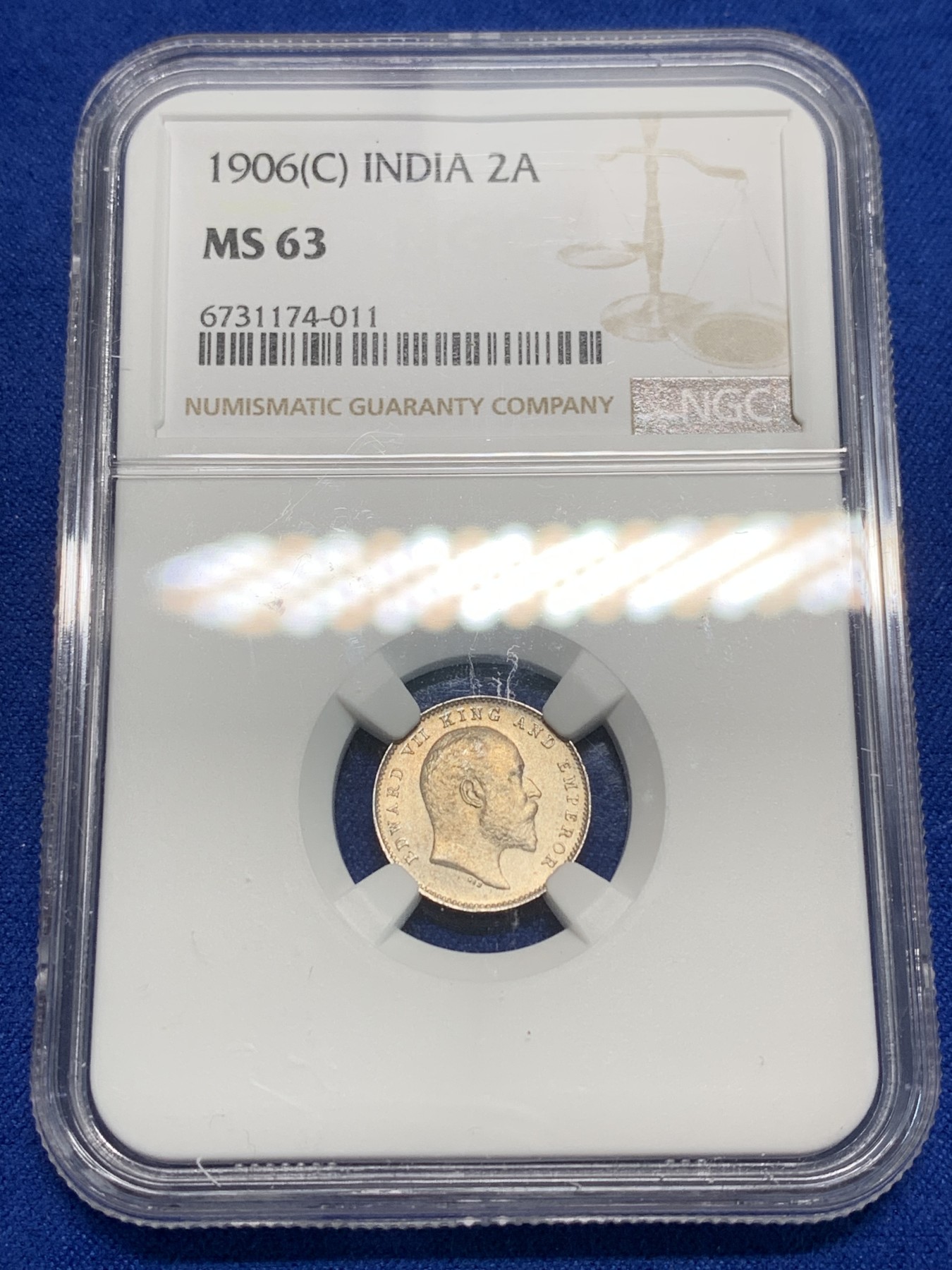 《竞宝斋》第242场-周日，周一 新年开场 (全场包邮) NGC MS63 英属印度1906年C版爱七2安娜银币 原卷拆评级