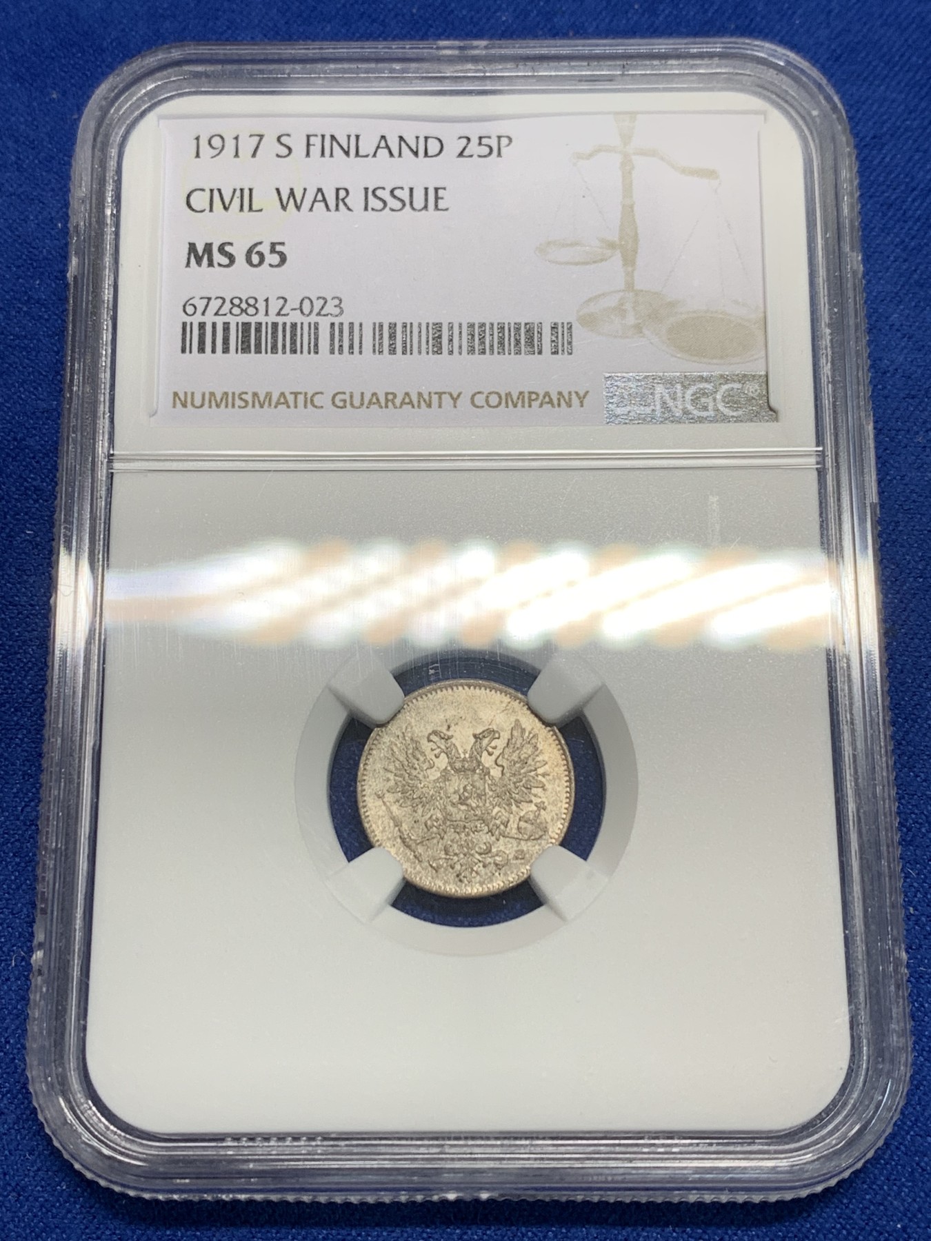 《竞宝斋》第242场-周日，周一 新年开场 (全场包邮) NGC MS65 俄占芬兰1917年25盆尼小银币