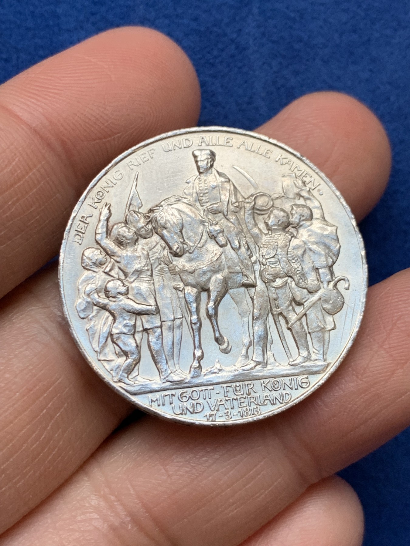 《竞宝斋》第242场-周日，周一 新年开场 (全场包邮) 德国普鲁士1913年战胜拿破仑100周年纪念3马克银币 人脸清晰带包浆