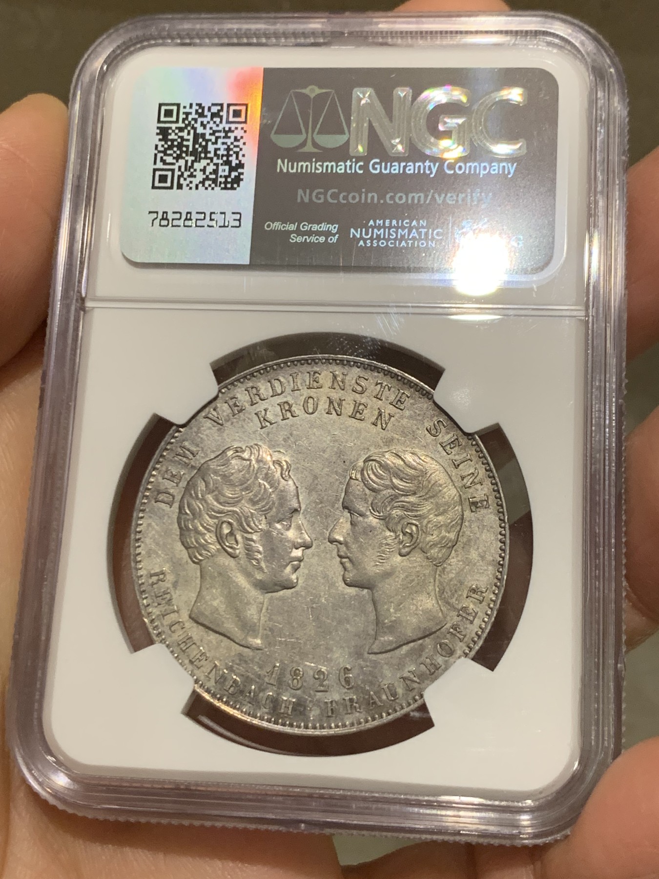 《竞宝斋》第242场-周日，周一 新年开场 (全场包邮) NGC UNC 德国 1826 巴伐利亚 赖兴巴赫和弗劳恩霍夫 泰勒大银币 底板光好带彩