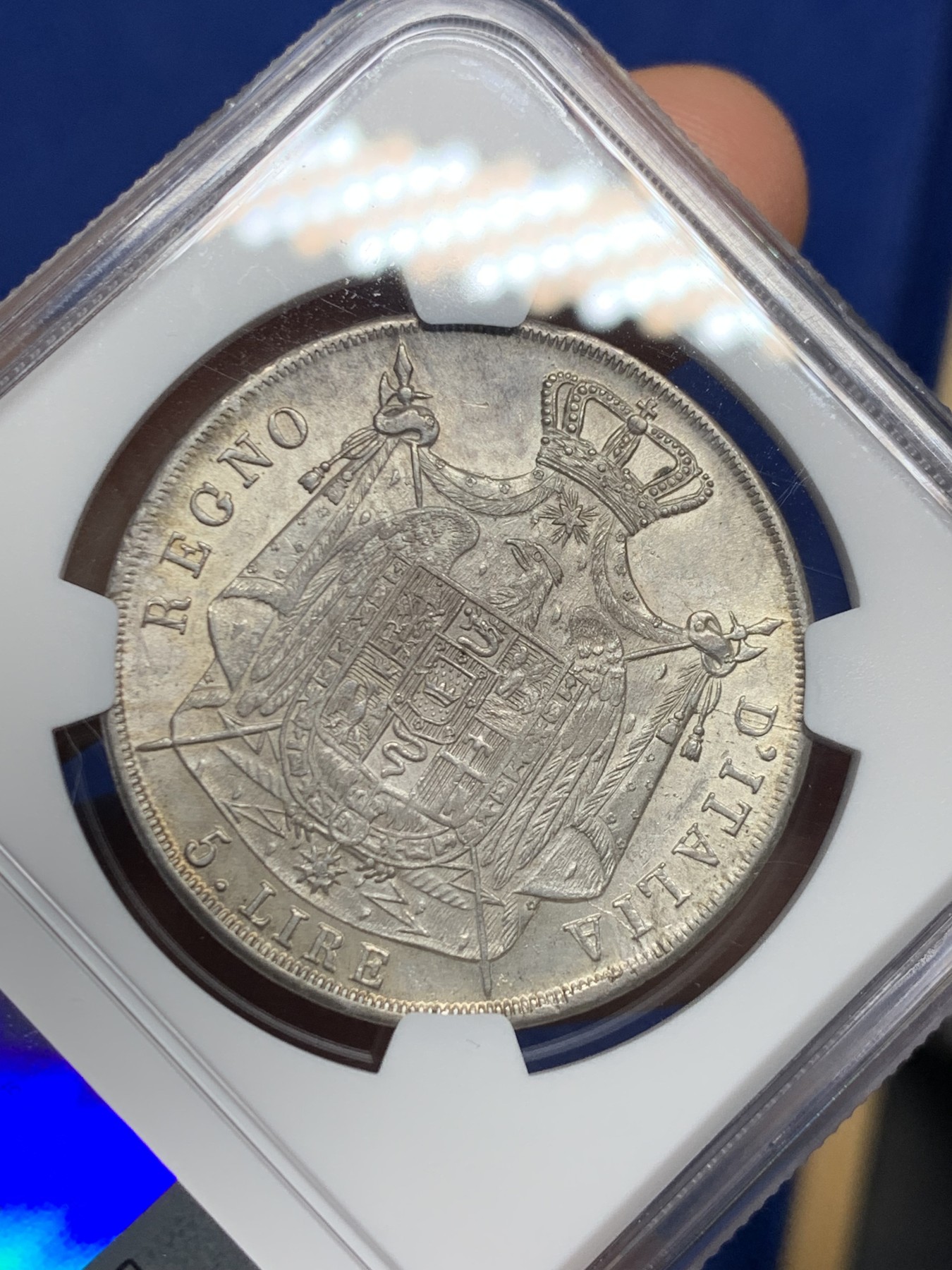 《竞宝斋》第242场-周日，周一 新年开场 (全场包邮) NGC AU55 意大利王国1811 拿破仑5里拉 拿破仑翻越阿尔卑斯山，战胜意大利，铸造的大银币！