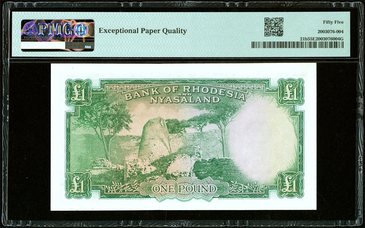 【Blue Auction】✨世界纸币精拍第437期【精】 罗德西亚和尼亚萨兰 1960-61年1镑 大冠女王 BWC出品雕刻精美 大津巴布韦遗址 豹子 PMG55EPQ 原票 状态佳 