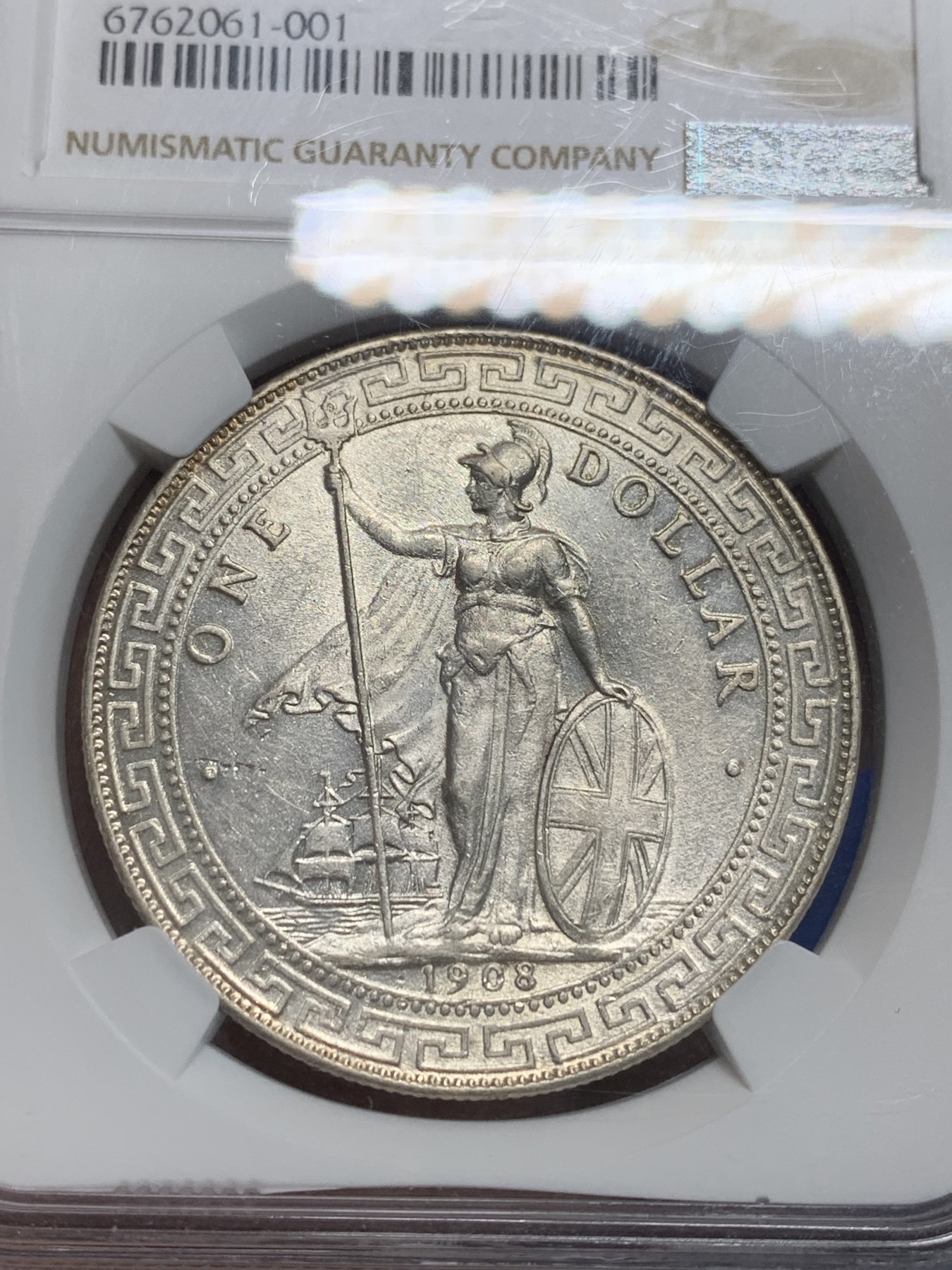 《竞宝斋》第242场-周日，周一 新年开场 (全场包邮) NGC-MS61 英国 贸易银 1908年 站洋 壹元 银币 经典品种