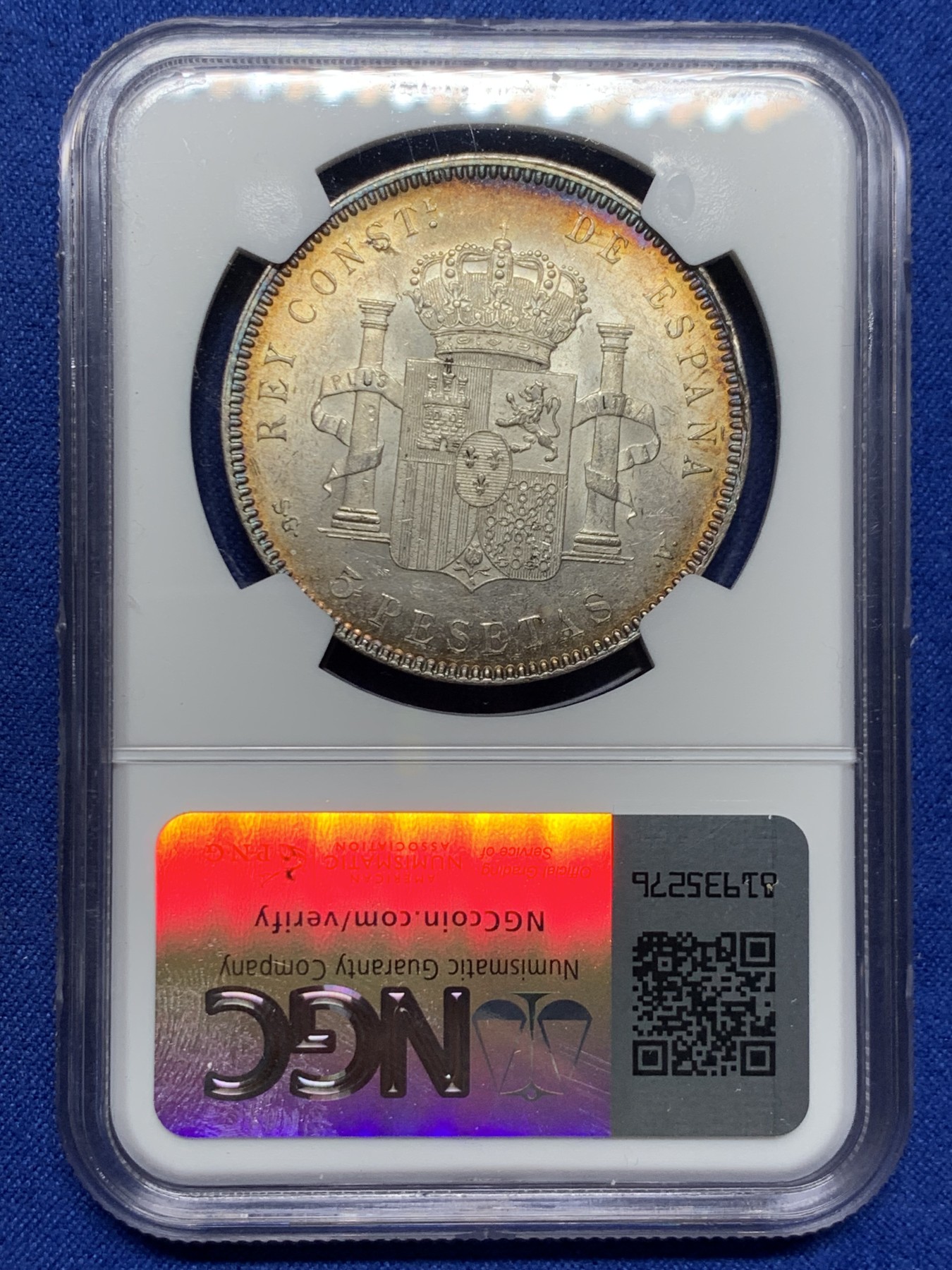 《竞宝斋》第242场-周日，周一 新年开场 (全场包邮) NGC MS60 西班牙1899年 国王阿方索十三世 小孩头 双柱 5比塞塔银币 绚丽五彩