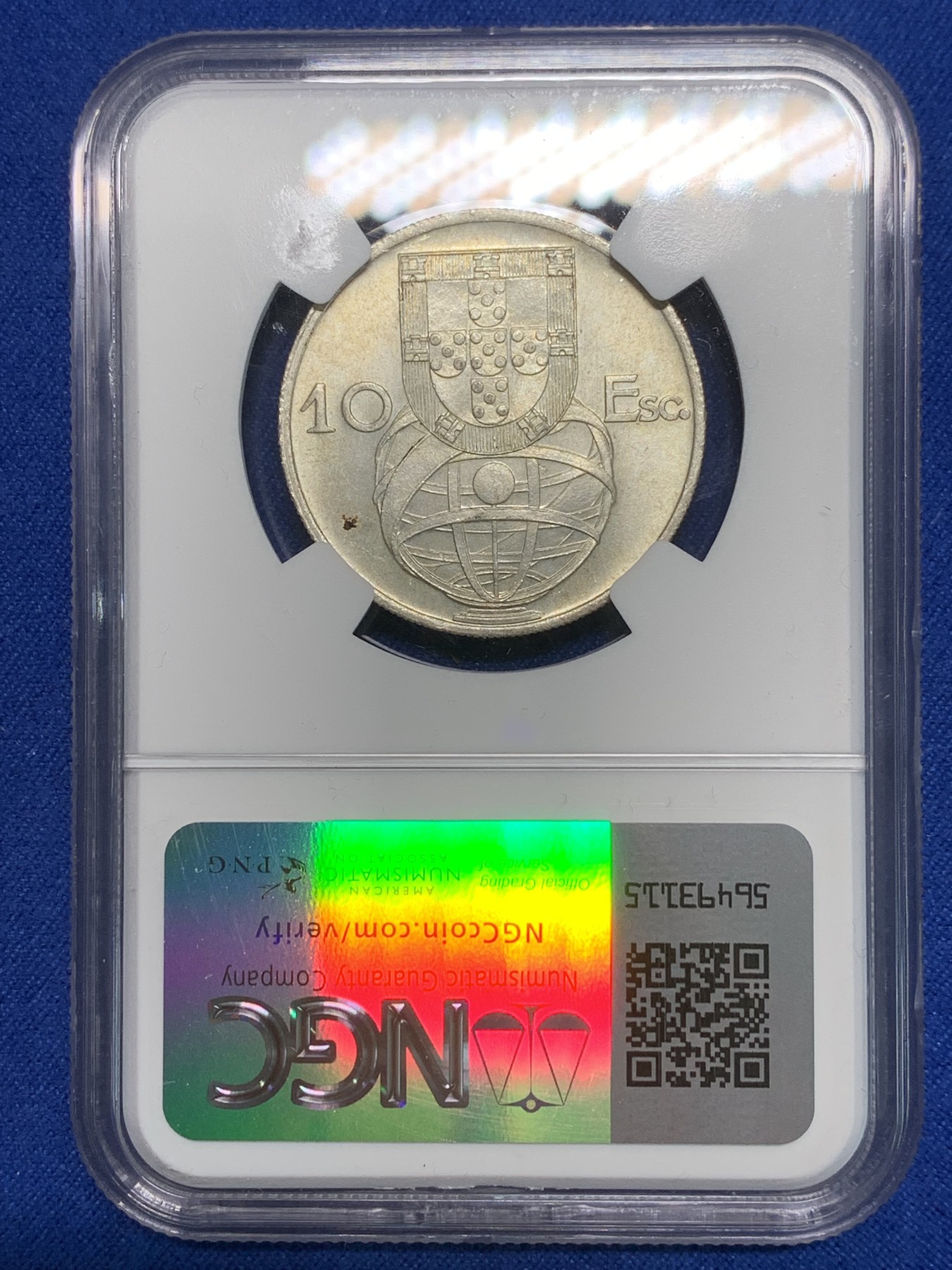 《竞宝斋》第242场-周日，周一 新年开场 (全场包邮) NGC-MS64 葡萄牙1955年大帆船10埃斯库多银币 一帆风顺 性价比高