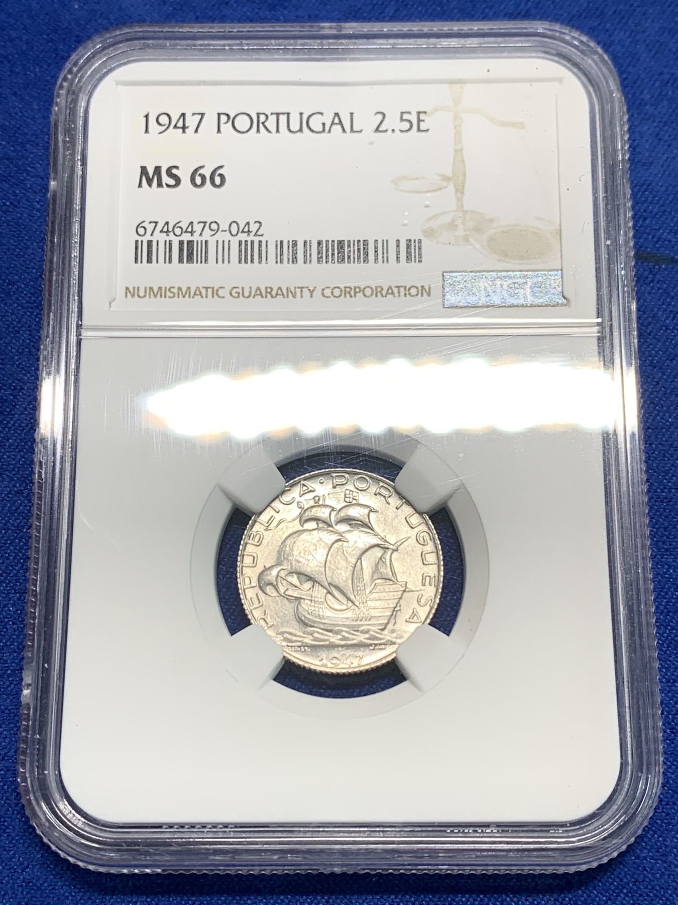 《竞宝斋》第242场-周日，周一 新年开场 (全场包邮) NGC MS66 葡萄牙1947年帆船2.5埃斯库多银币 少见年份