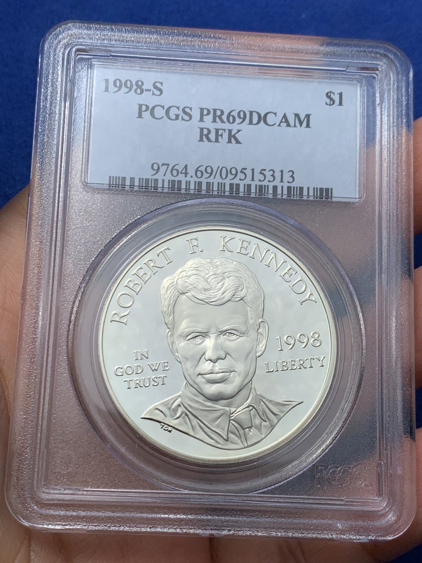 《竞宝斋》第242场-周日，周一 新年开场 (全场包邮) PCGS PR69DCAM 美国1998罗比特肯尼迪司法部长纪念精制银币 肯尼迪总统的弟弟 第一个被刺杀的总统候选人