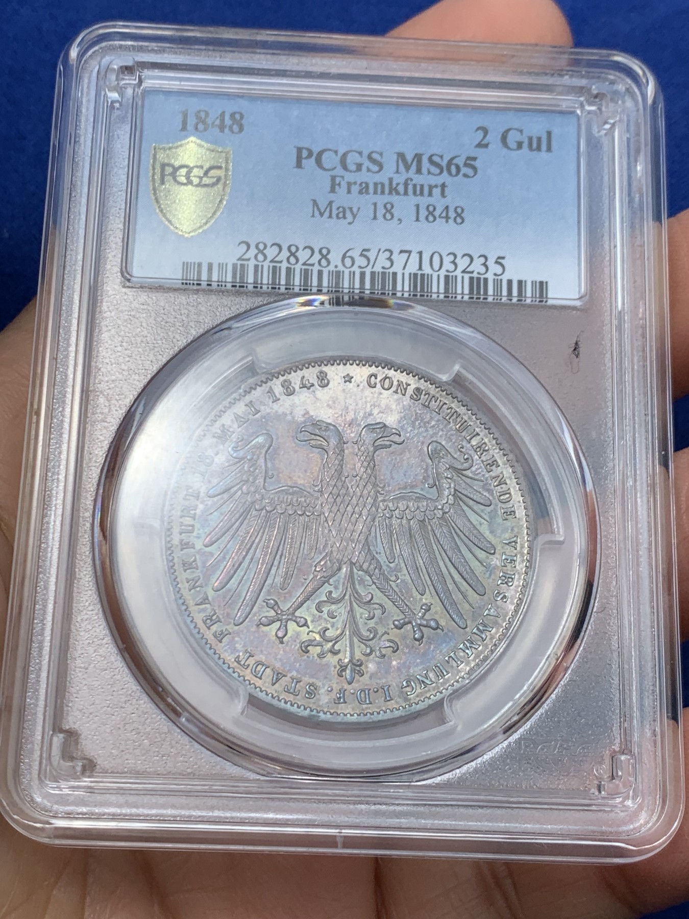 《竞宝斋》第242场-周日，周一 新年开场 (全场包邮) PCGS MS65 德国1848年法兰克福双面鹰2盾银币 双面包浆 太美
