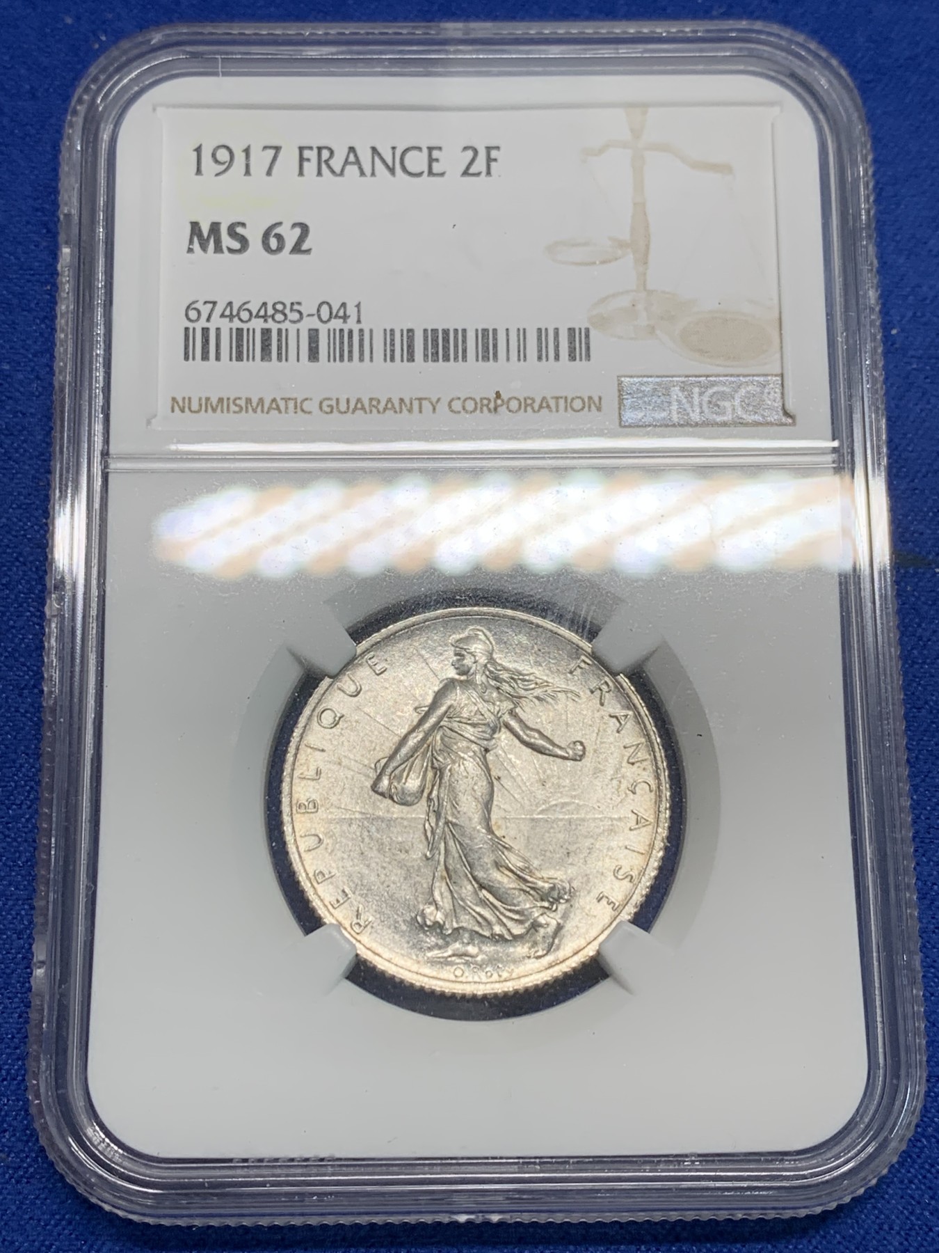 《竞宝斋》第242场-周日，周一 新年开场 (全场包邮) NGC MS62 法国1917年播种女神2法郎银币