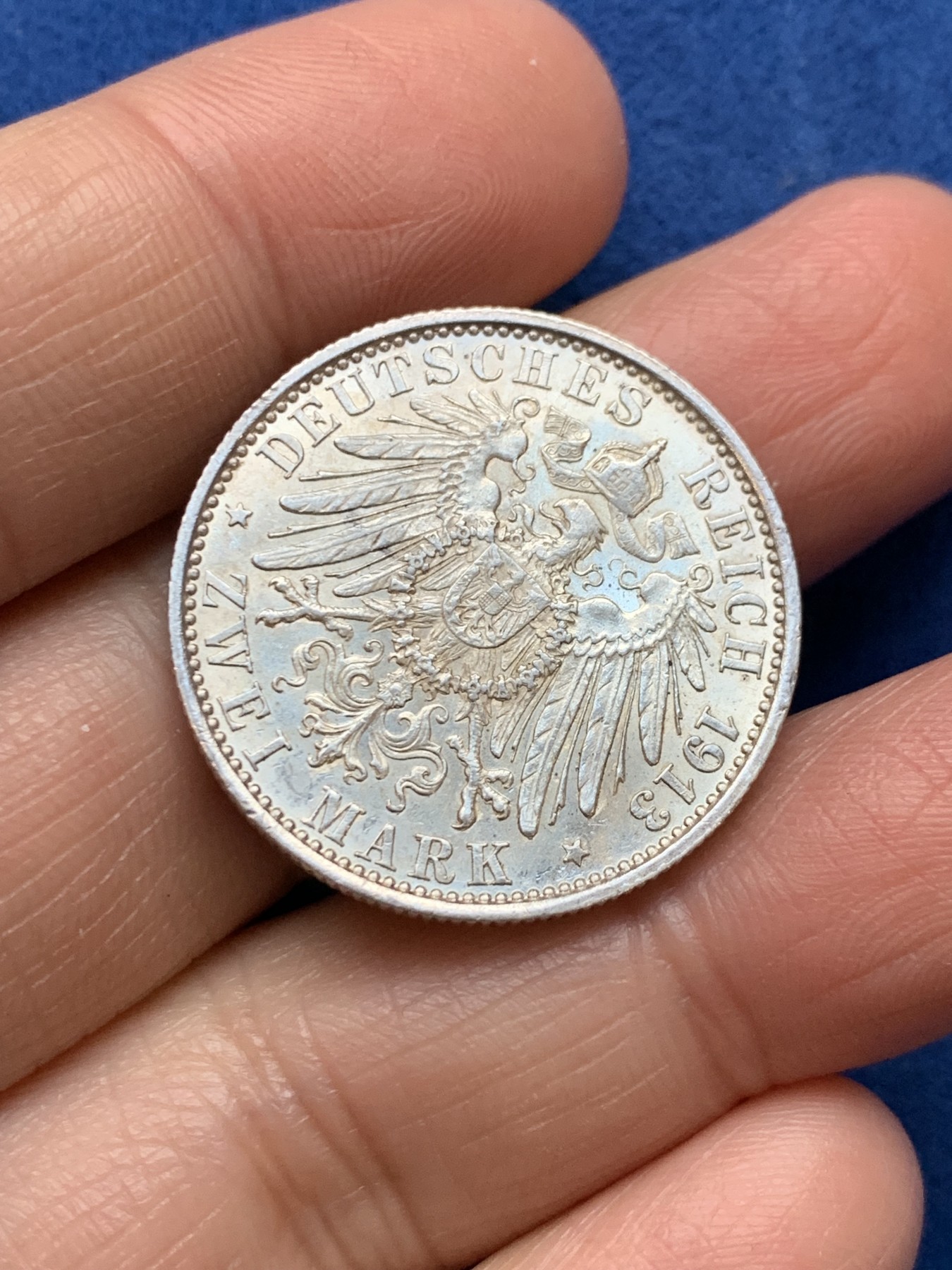 《竞宝斋》第242场-周日，周一 新年开场 (全场包邮) 德国普鲁士1913年威廉二世花枝2马克银币 老包浆背面光度好