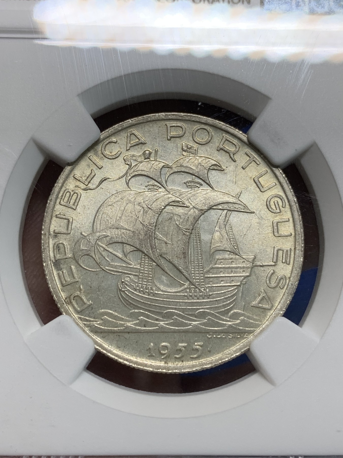 《竞宝斋》第242场-周日，周一 新年开场 (全场包邮) NGC-MS64 葡萄牙1955年大帆船10埃斯库多银币 一帆风顺 性价比高