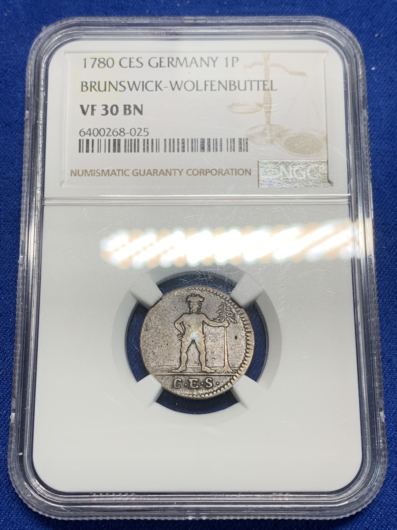《竞宝斋》第242场-周日，周一 新年开场 (全场包邮) NGC VF30BN 德国1780年布伦瑞克1P小野人铜币 冠军分仅此一枚
