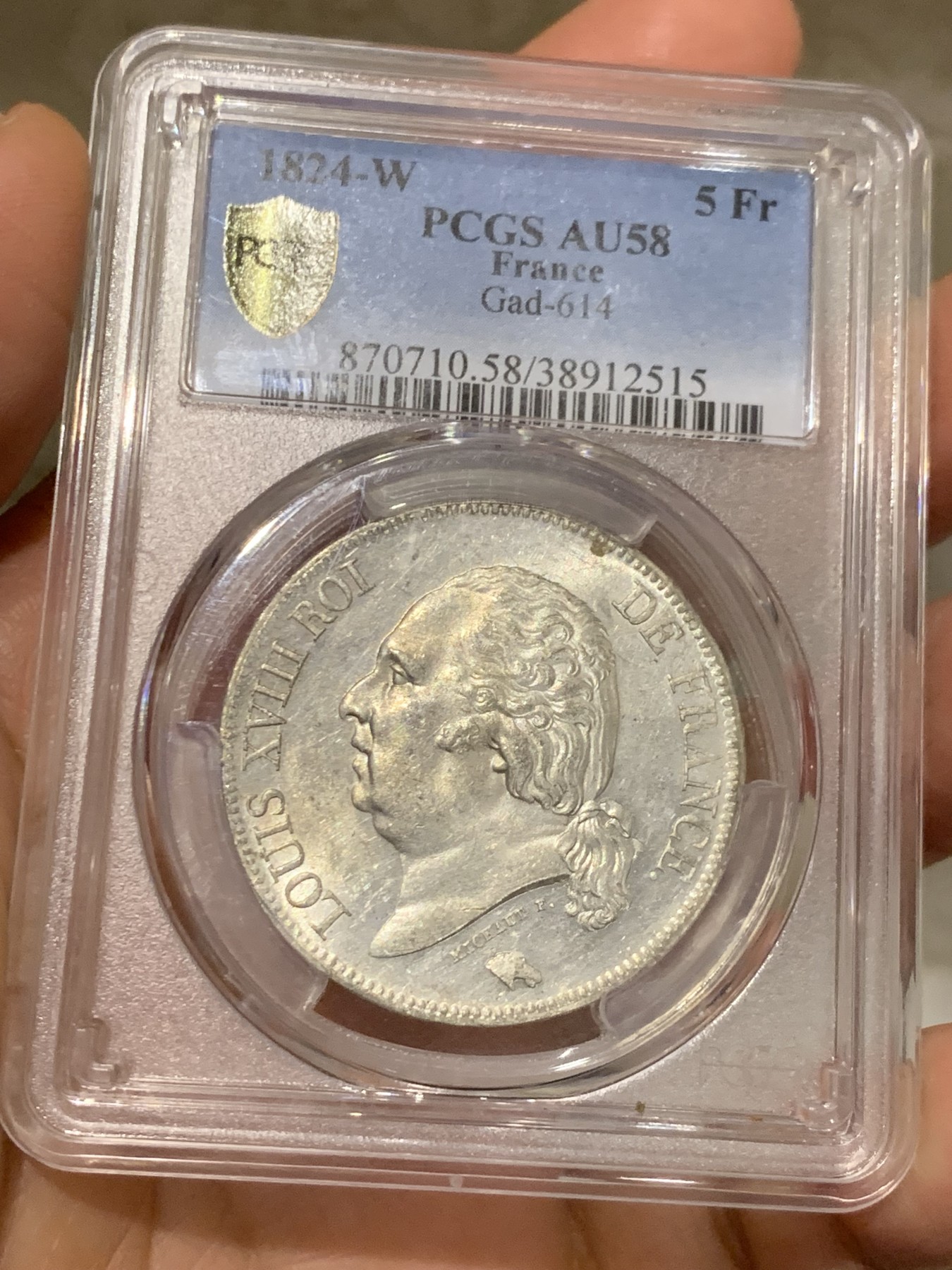 《竞宝斋》第242场-周日，周一 新年开场 (全场包邮) PCGS AU58 法国1824年路易十八5法郎银币，马头。状态一流，底板镜面有霜，好品稀少 MS状态莫名58分