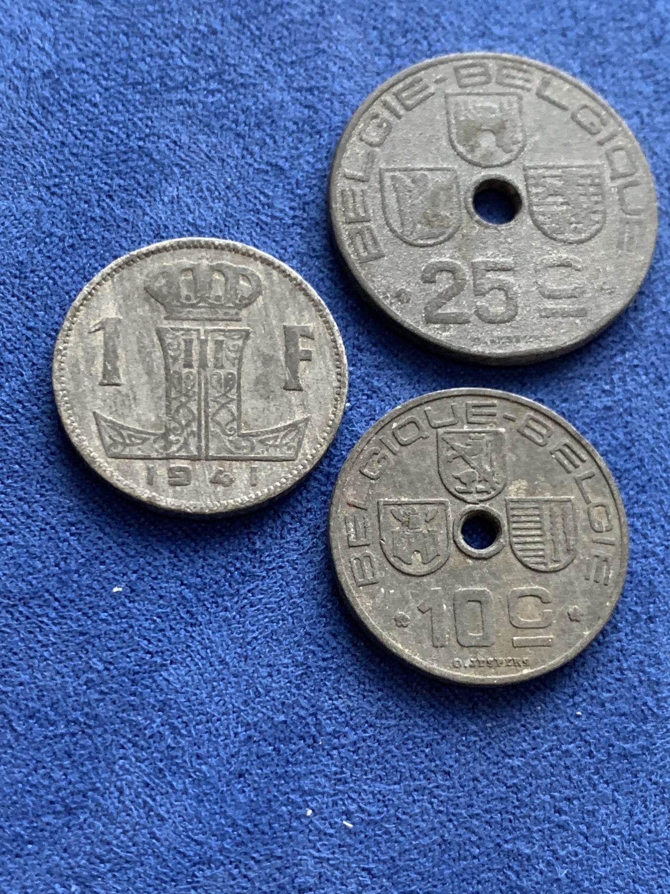 《竞宝斋》第242场-周日，周一 新年开场 (全场包邮) 3枚一组 1941年比利时傀儡政府时期1法郎锌币+25分锌币+10分锌币