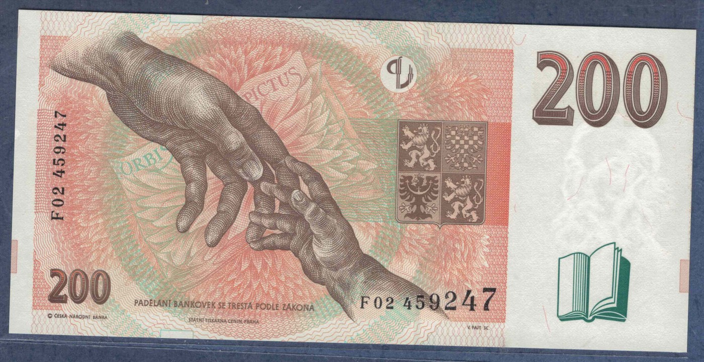 捷克1998年200克朗 欧洲纸币 实物图 UNC