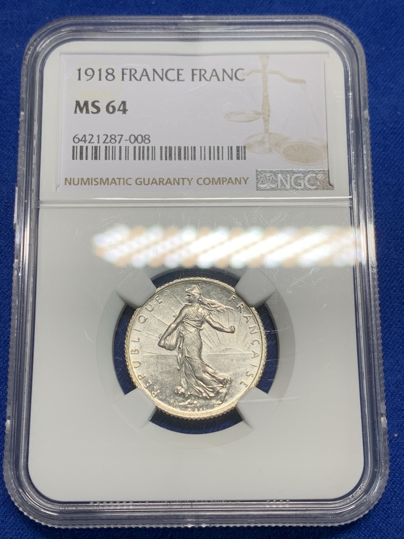 《竞宝斋》第242场-周日，周一 新年开场 (全场包邮) NGC MS64 法国1918年播种女神1法郎银币